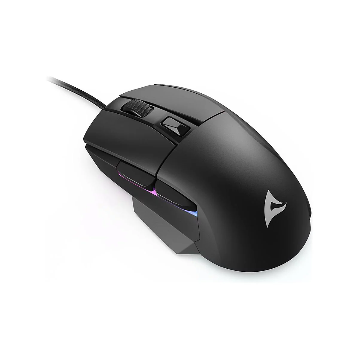 Schwarze, ergonomische Gaming-Maus mit Kabel, seitlichen Tasten und dezentem Logo vor weißem Hintergrund.