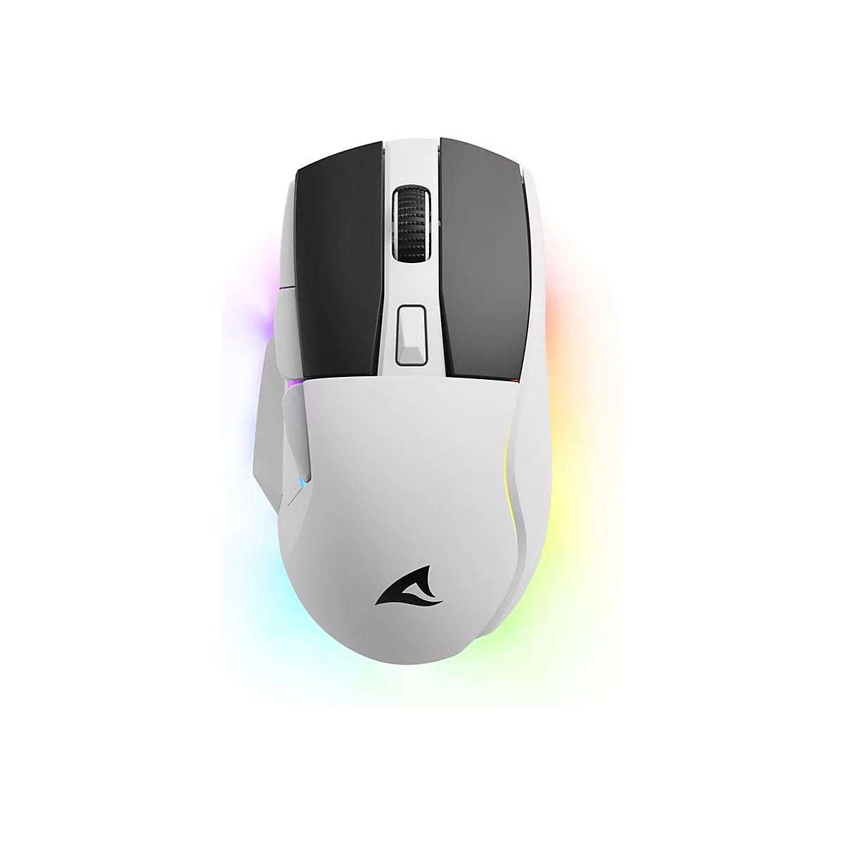 Weiße Gaming-Maus mit schwarzem Mausrad und Tasten sowie RGB-Beleuchtung vor weißem Hintergrund.