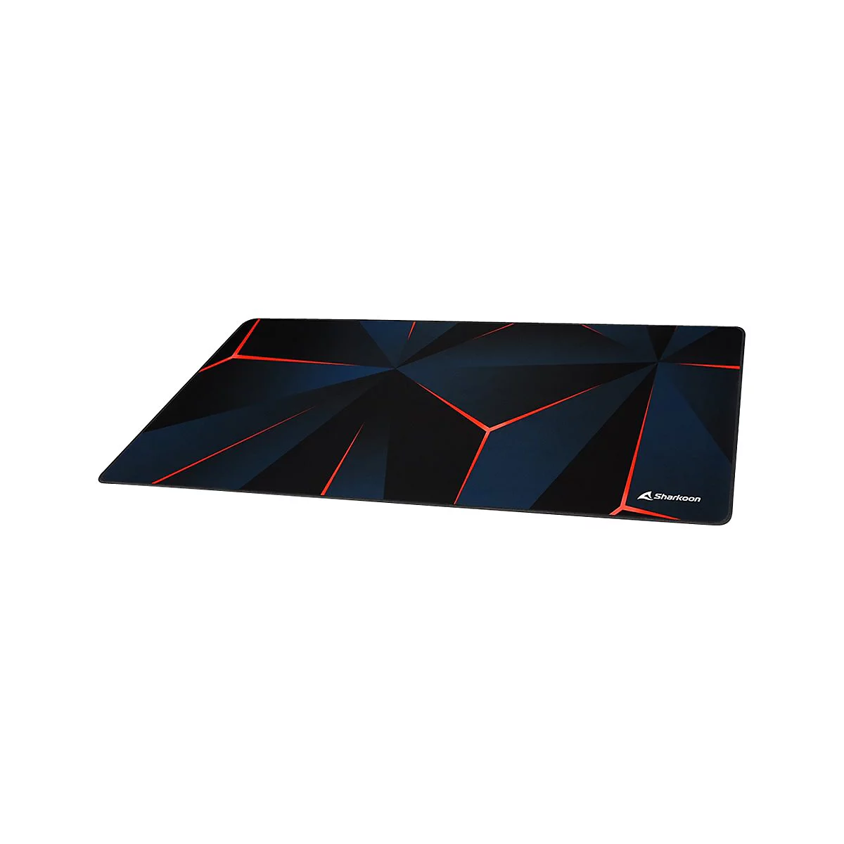 Rechteckiges Sharkoon Gaming-Mauspad mit schwarz-blauem geometrischem Muster und leuchtend roten Akzentlinien.