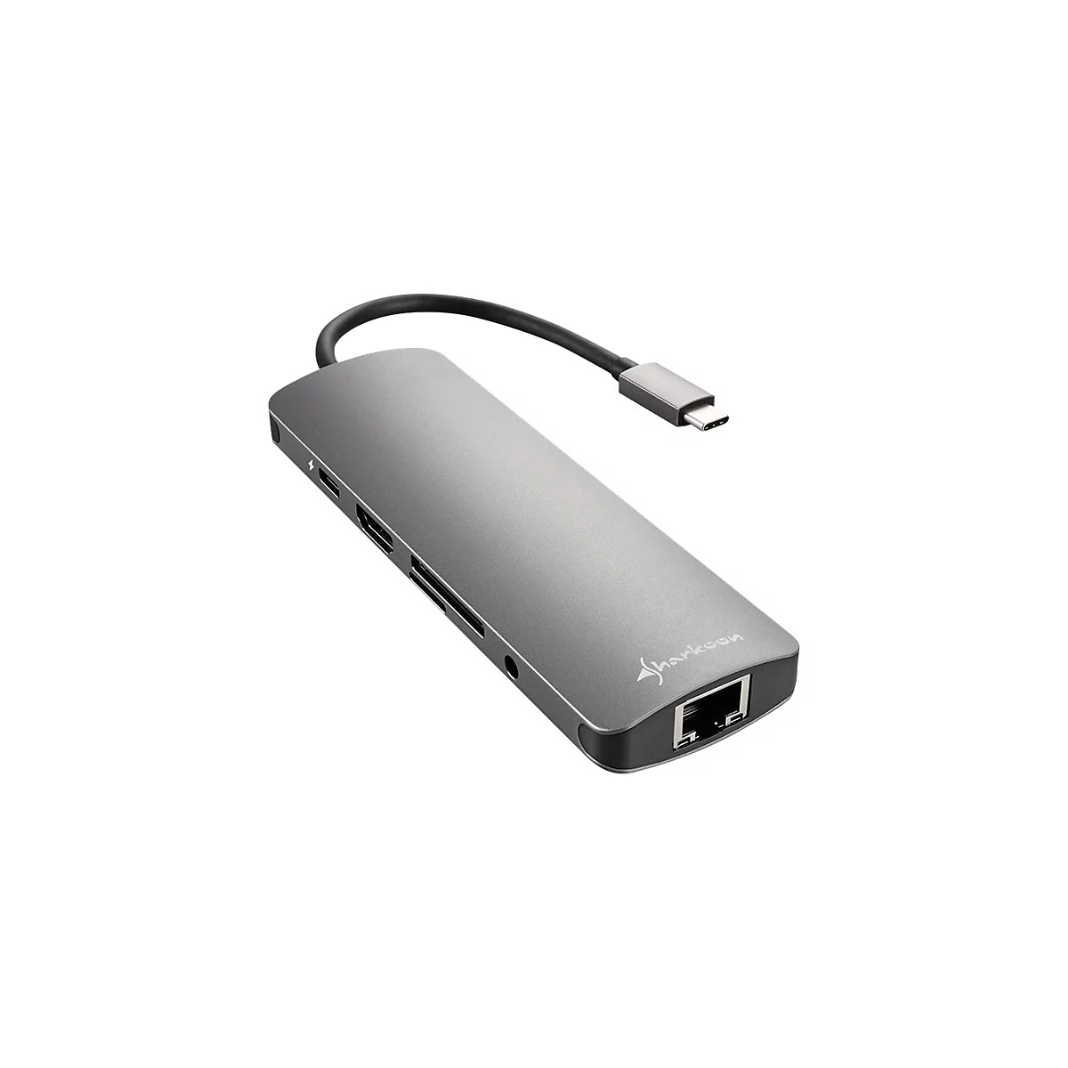 Grauer USB-C-Hub mit AnschlÃ¼ssen wie HDMI und Ethernet-Port.