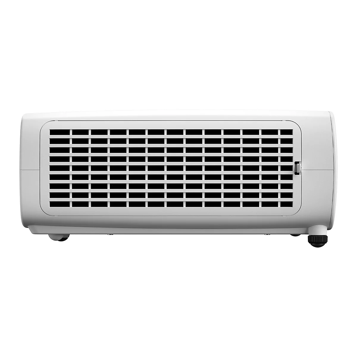 Projecteur blanc avec grille noire et pieds noirs.