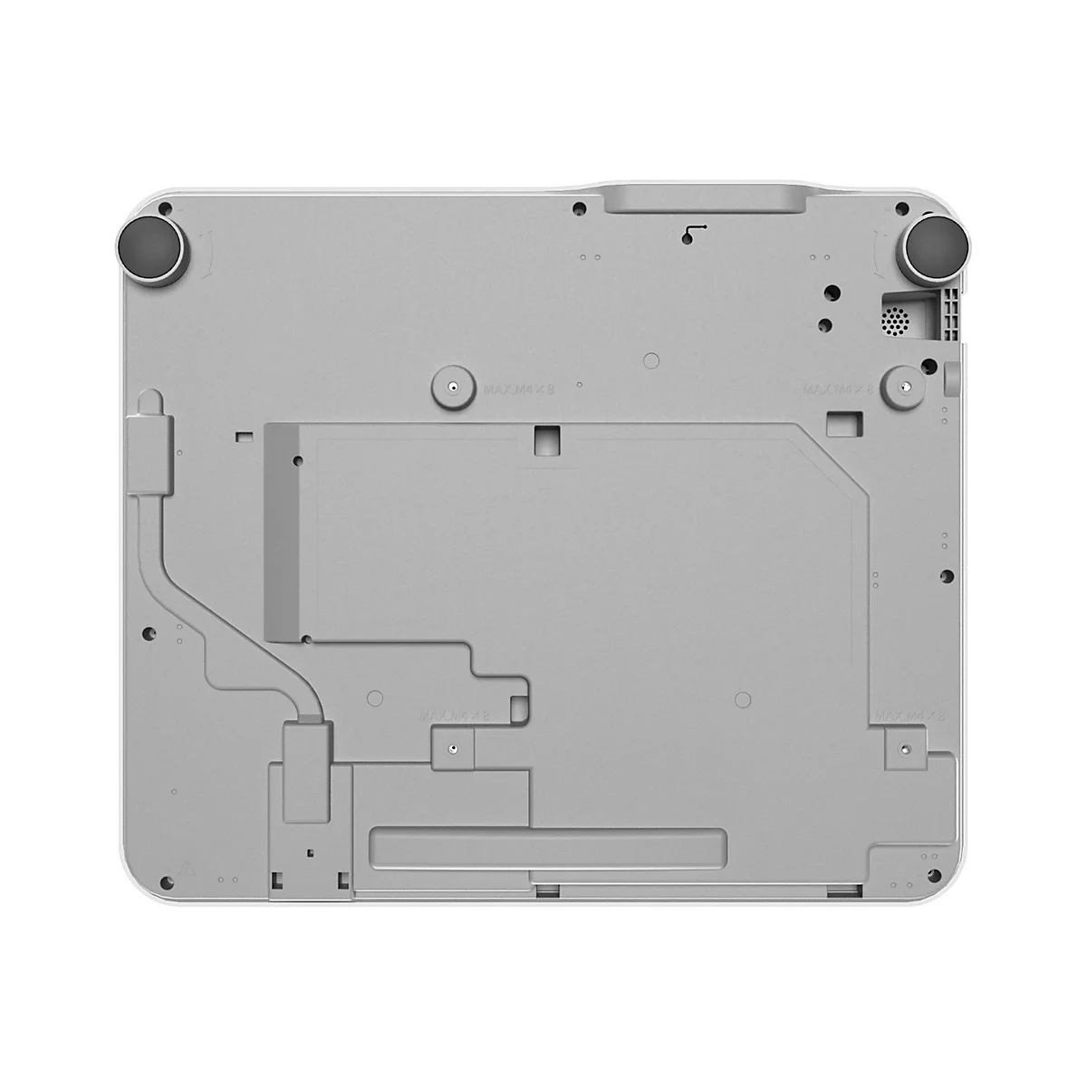 Face inférieure gris clair d'un projecteur. Pieds ronds aux coins, vis encastrées, découpes rectangulaires et polygonales.