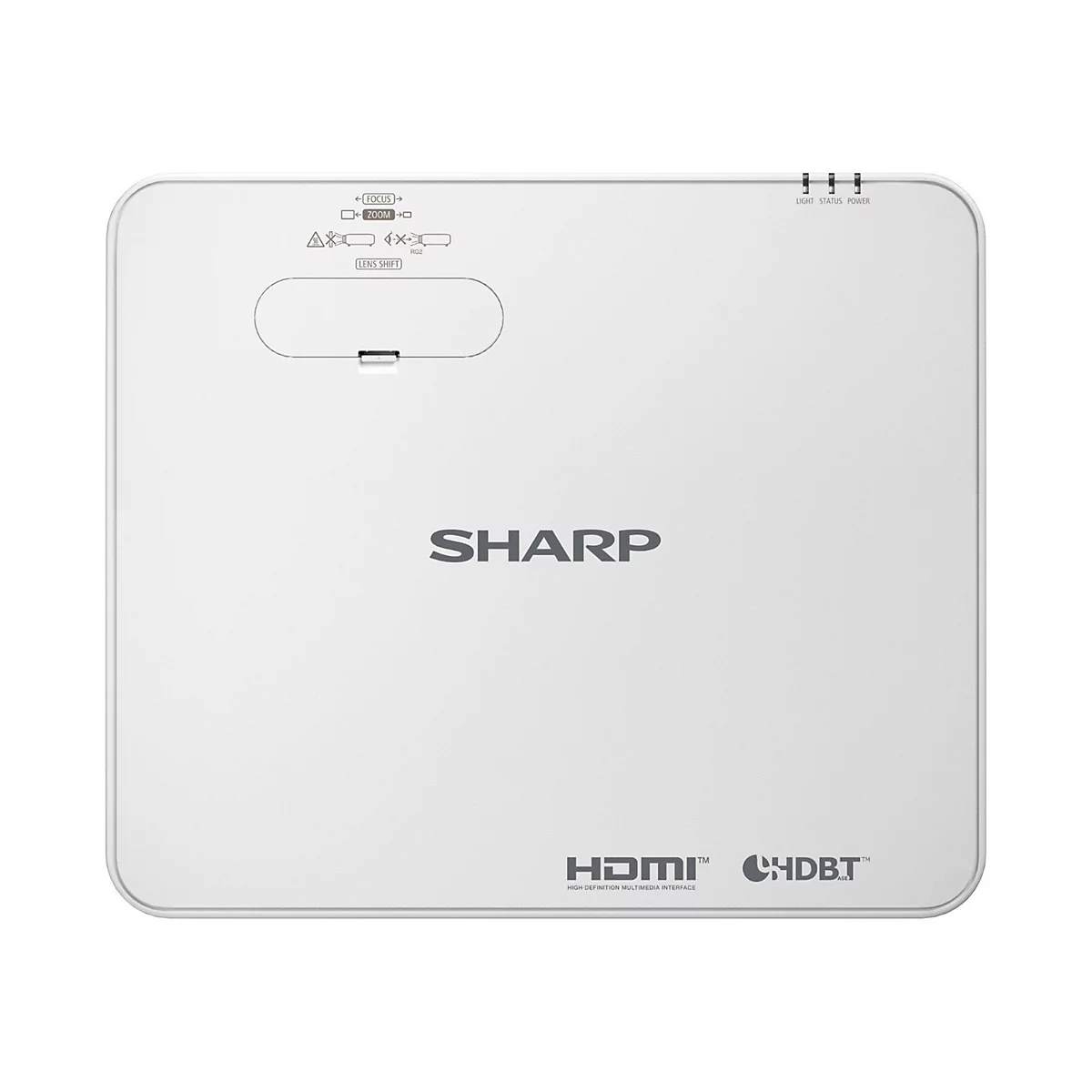 Projecteur blanc de Sharp. Petits indicateurs en haut, lettrage SHARP au milieu et HDMI et HDBT en bas.