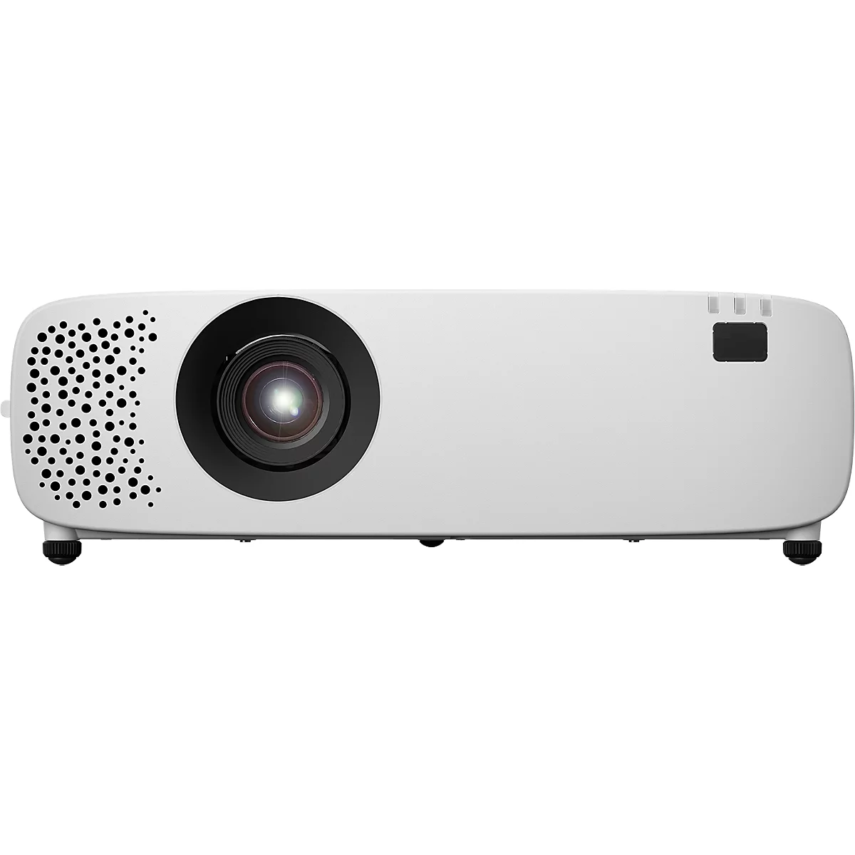 Witte projector met zwarte lens en ventilatiegaten. Bovenkant met bedieningselementen, onderkant met voetjes.