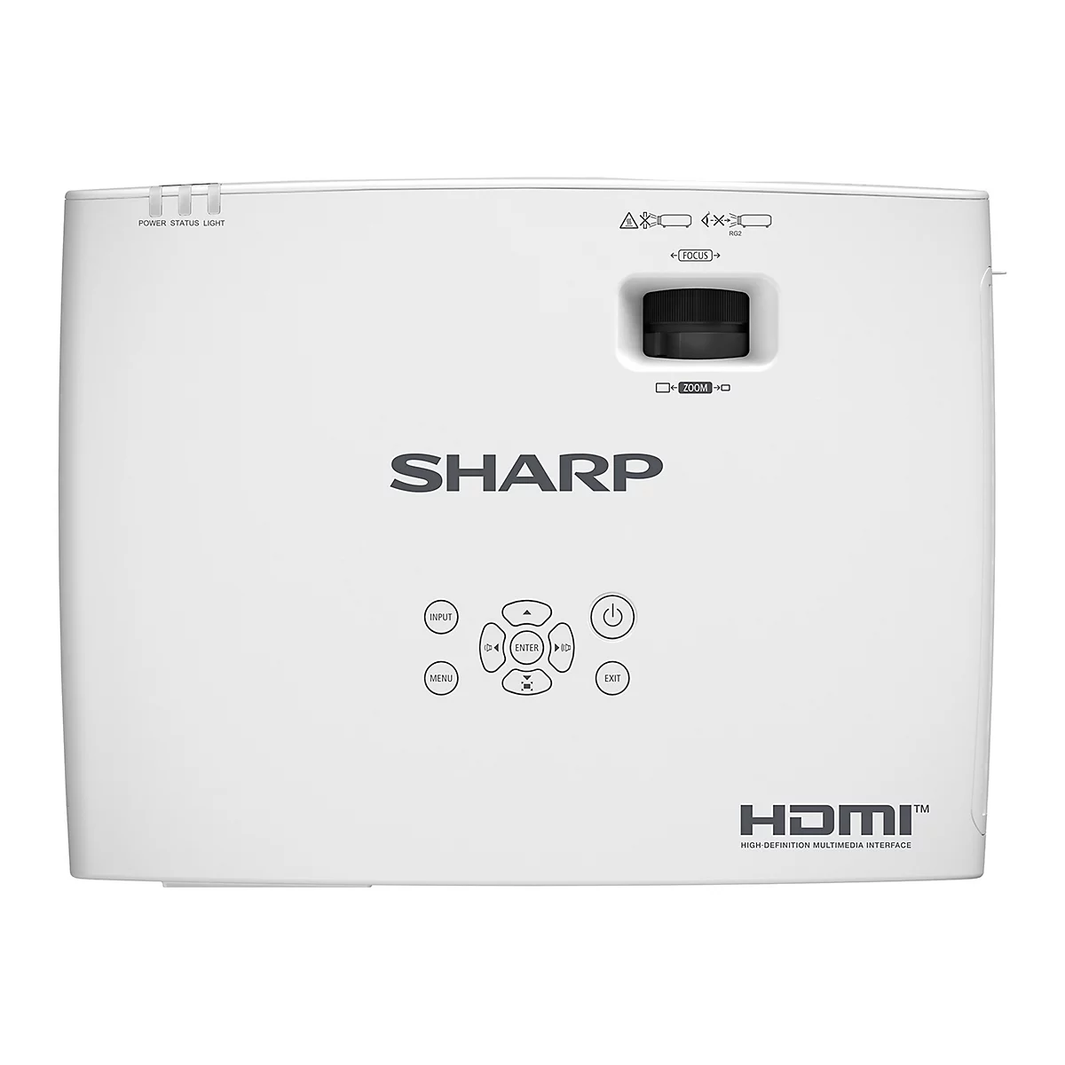 Witte Sharp projector met bedieningselementen, lens en HDMI-logo.