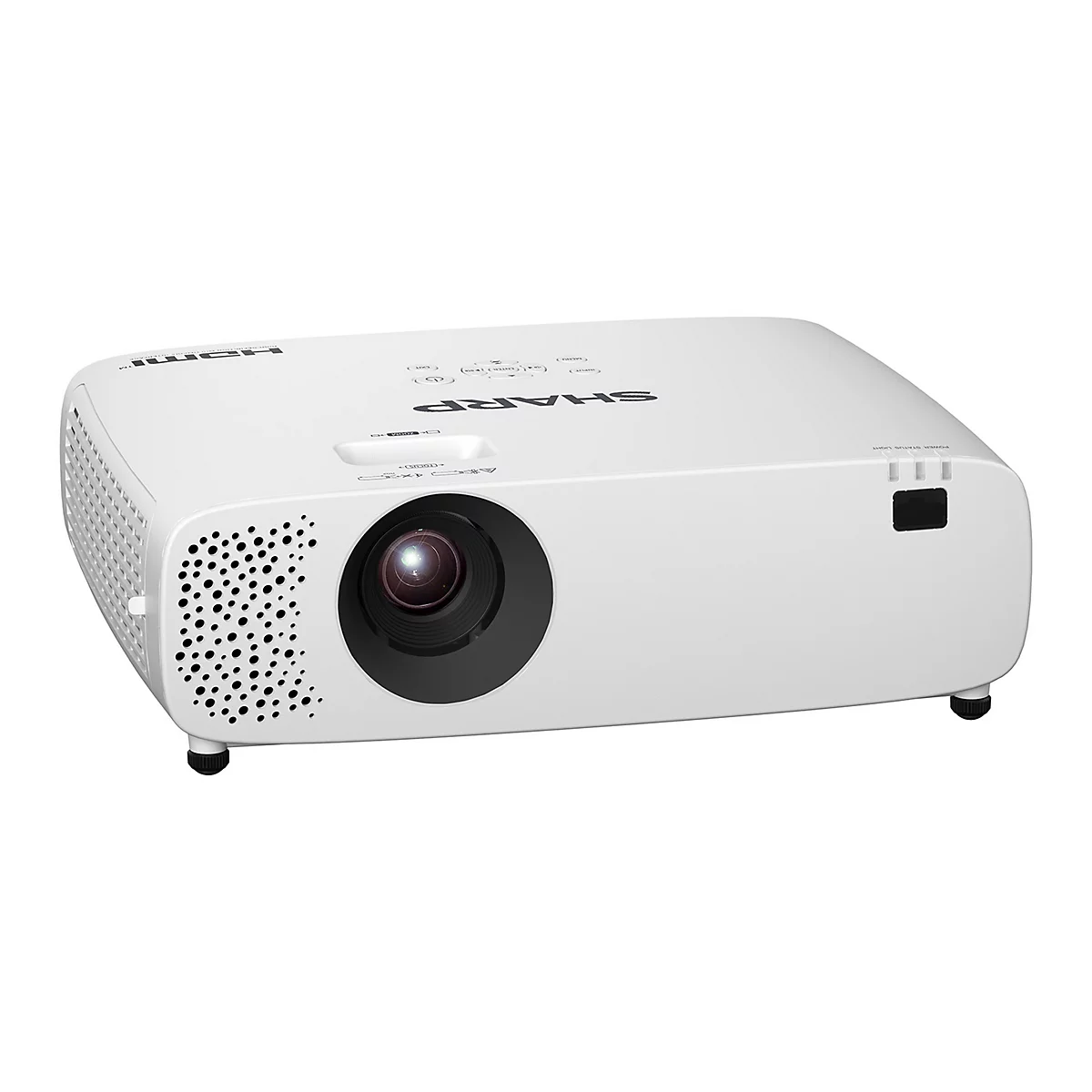 Witte SHARP projector met zwarte lens en HDMI-aansluiting. Het apparaat staat op zwarte voetjes.