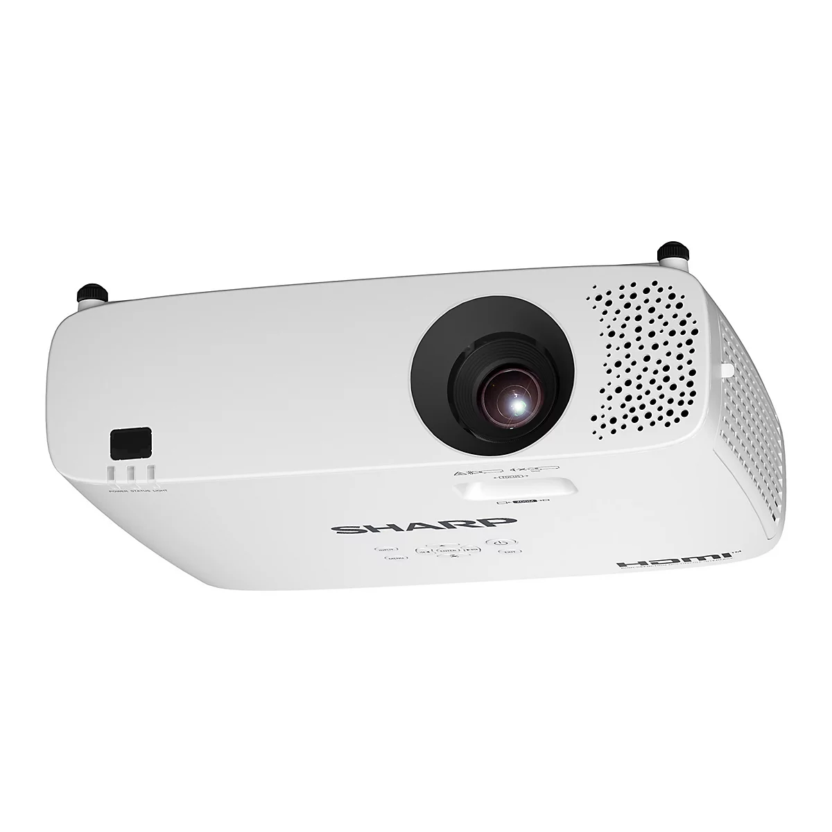 Witte projector met een zwarte lens en ventilatiegaten. SHARP-logo is zichtbaar.