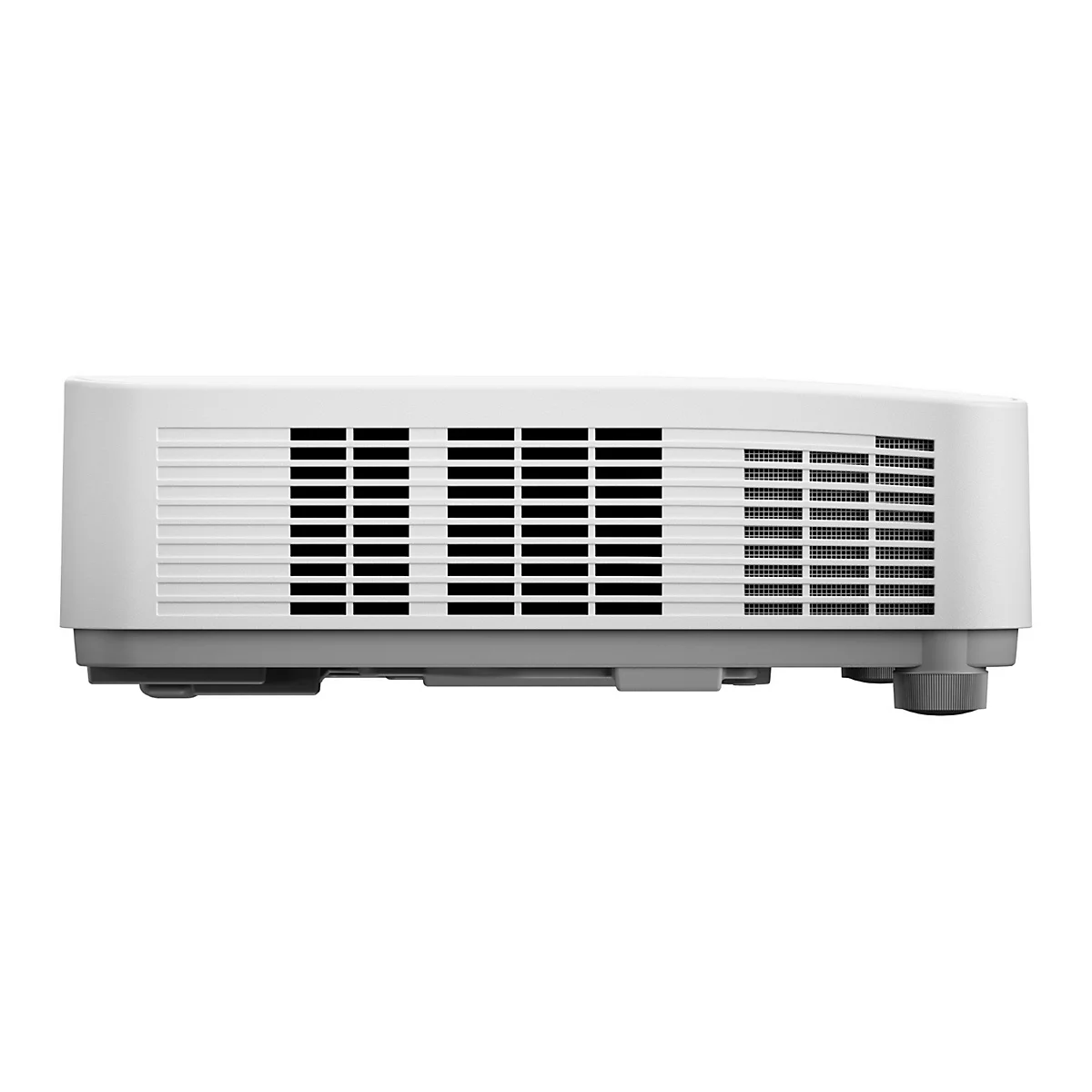 Zijaanzicht van een witte projector. Ventilatiesleuven en grijze voeten zijn duidelijk zichtbaar.