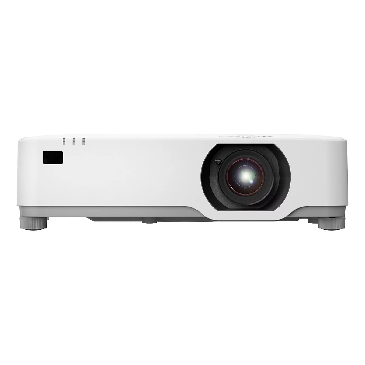 Witte projector met lens en ventilatieopeningen. Staat op vier poten tegen een witte achtergrond.