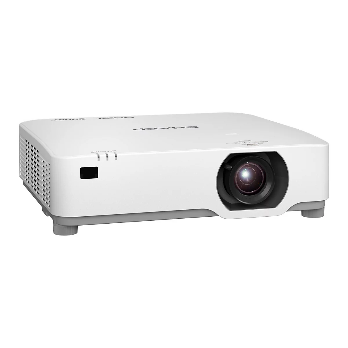 Witte projector met lens en ventilatiegaten. Het woord SHARP staat bovenaan.