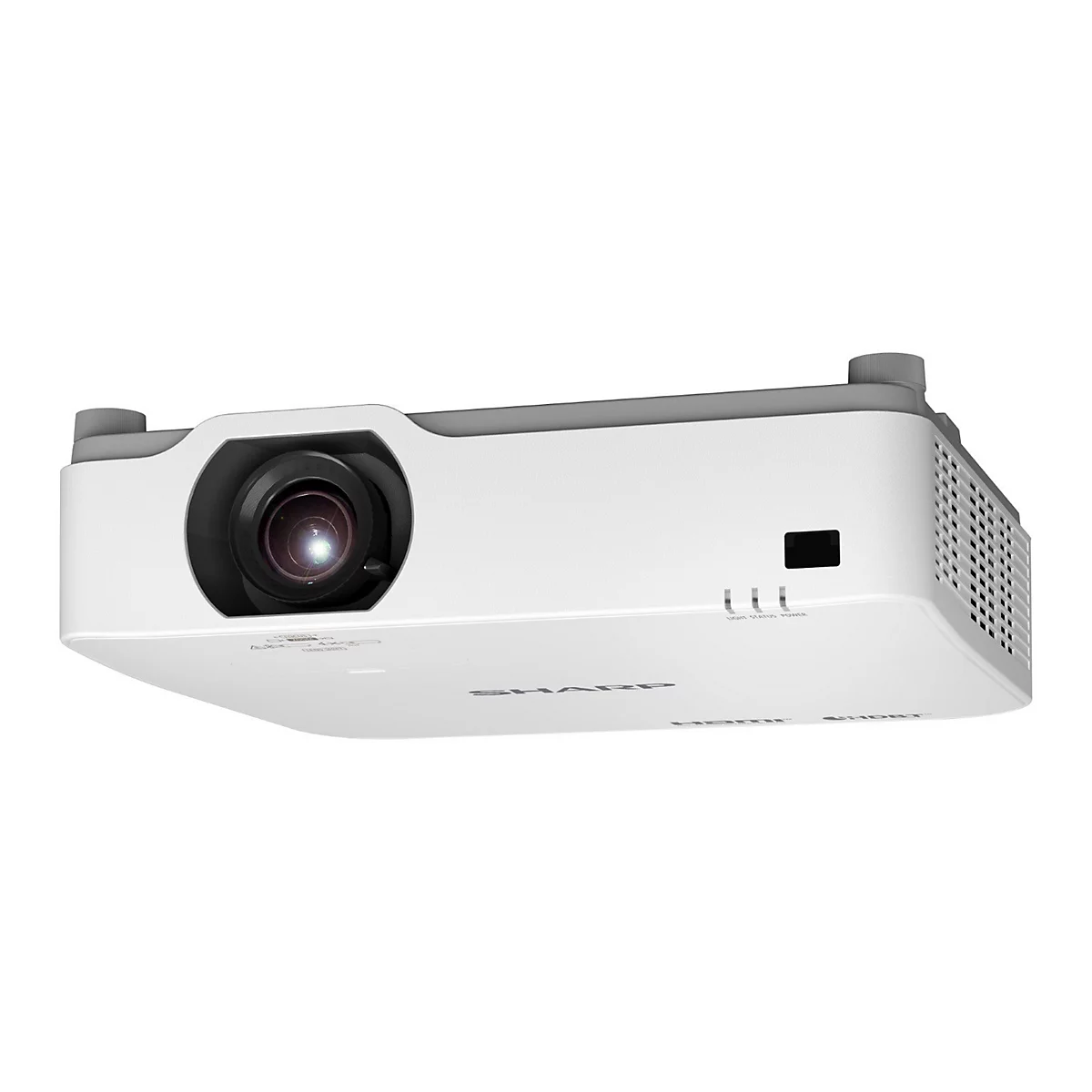 Witte projector met zwarte lens. Grijze details, het woord SHARP op het oppervlak. Drie kleine lampjes.
