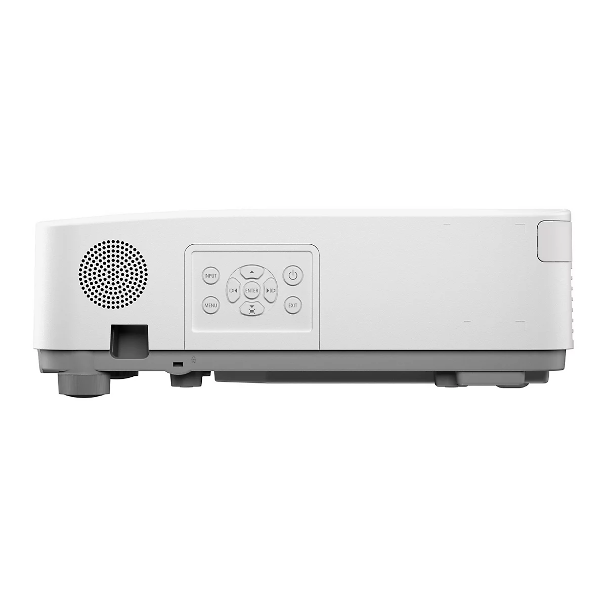Zijaanzicht van een witte projector met bedieningspaneel en luidspreker. Grijze basis, rechthoekige vorm.