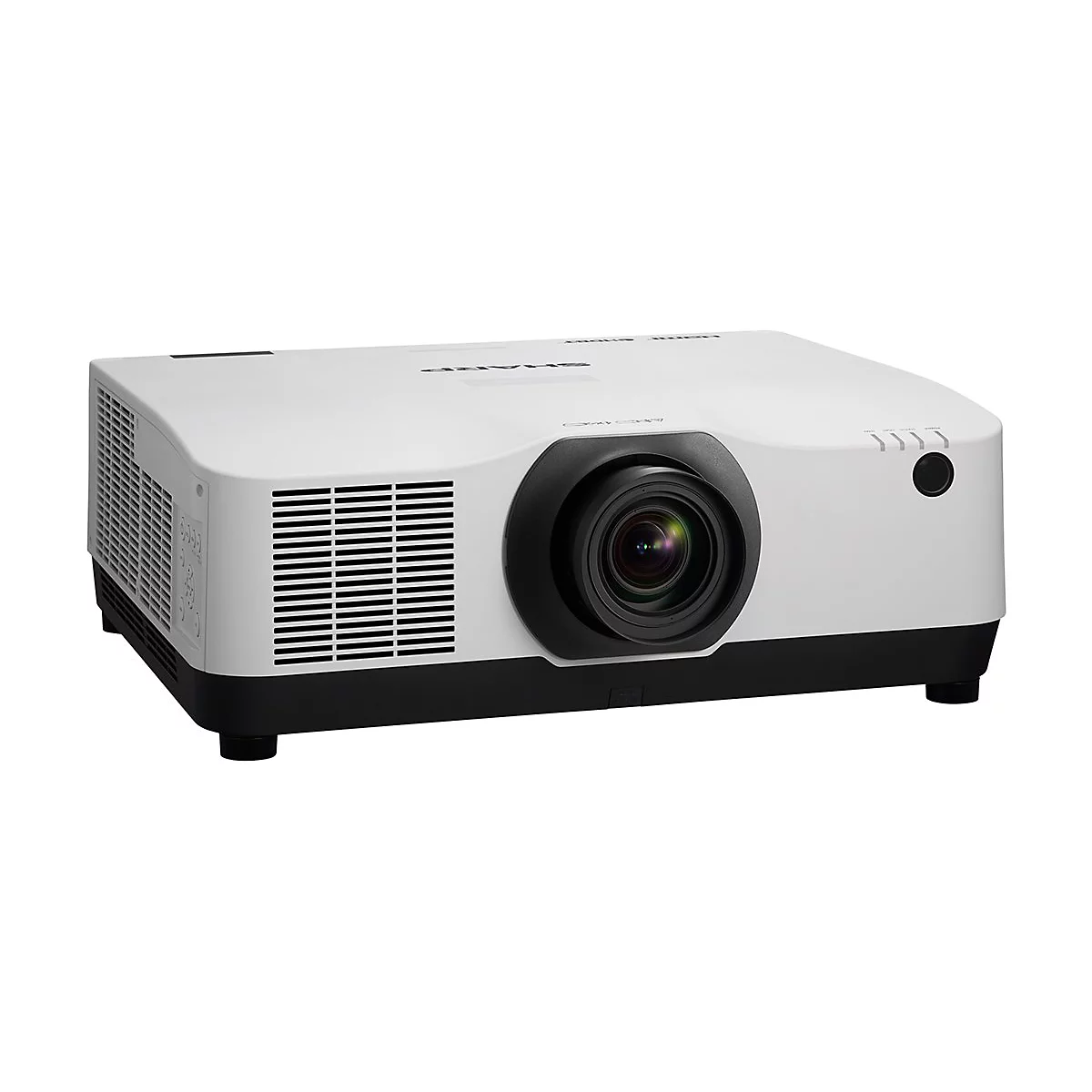 Weißer Projektor mit schwarzem Objektiv und Unterseite, vor neutralem Hintergrund.