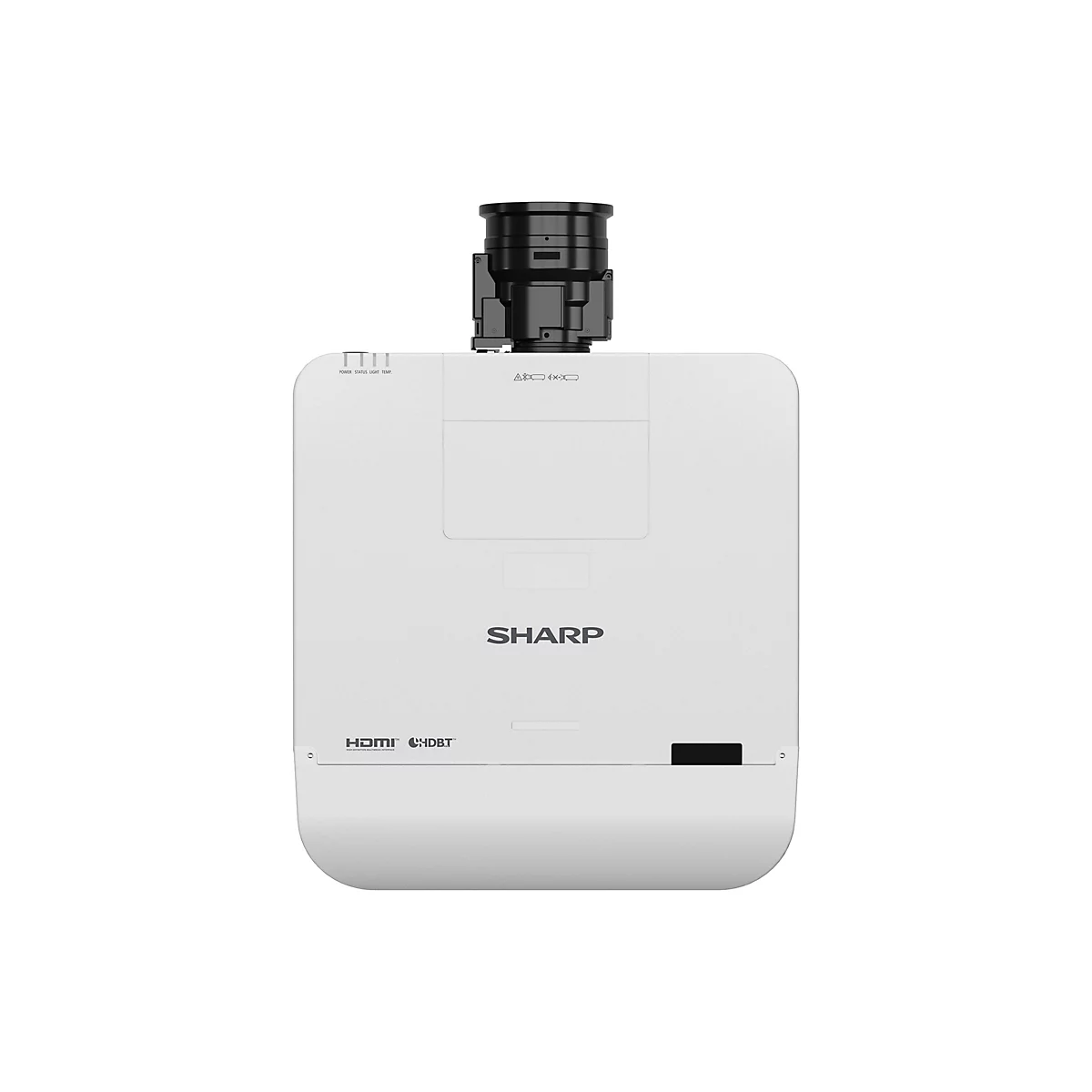 Weißer Projektor mit schwarzem Objektivaufsatz, Logo "SHARP" und Schriftzug HDMI.