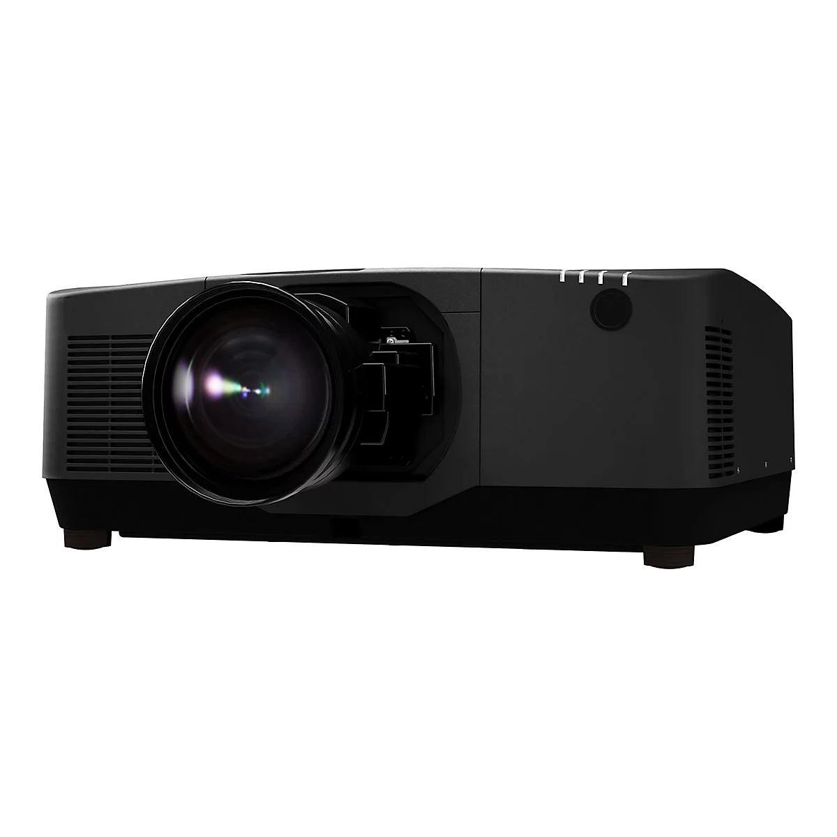Schwarzer Projektor mit großem Objektiv, auf hellem Hintergrund. Seitlich sind Kühlrippen und Knöpfe zu sehen.