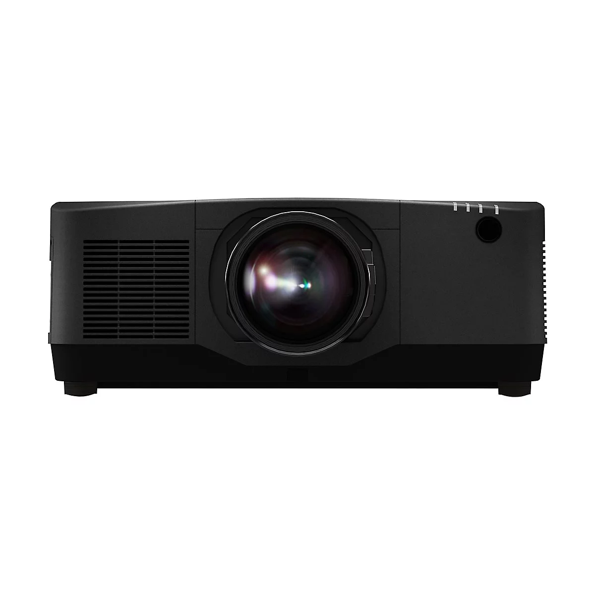 Ein schwarzer Projektor vor weißem Hintergrund. Das Objektiv ist im Fokus, mit Lüftungsschlitzen und Bedienelementen.