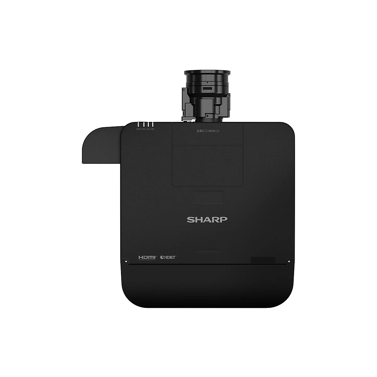 Schwarzer Projektor mit Objektiv und „SHARP“-Logo. HDMI- und HDBT-Anschlüsse sind zu sehen.