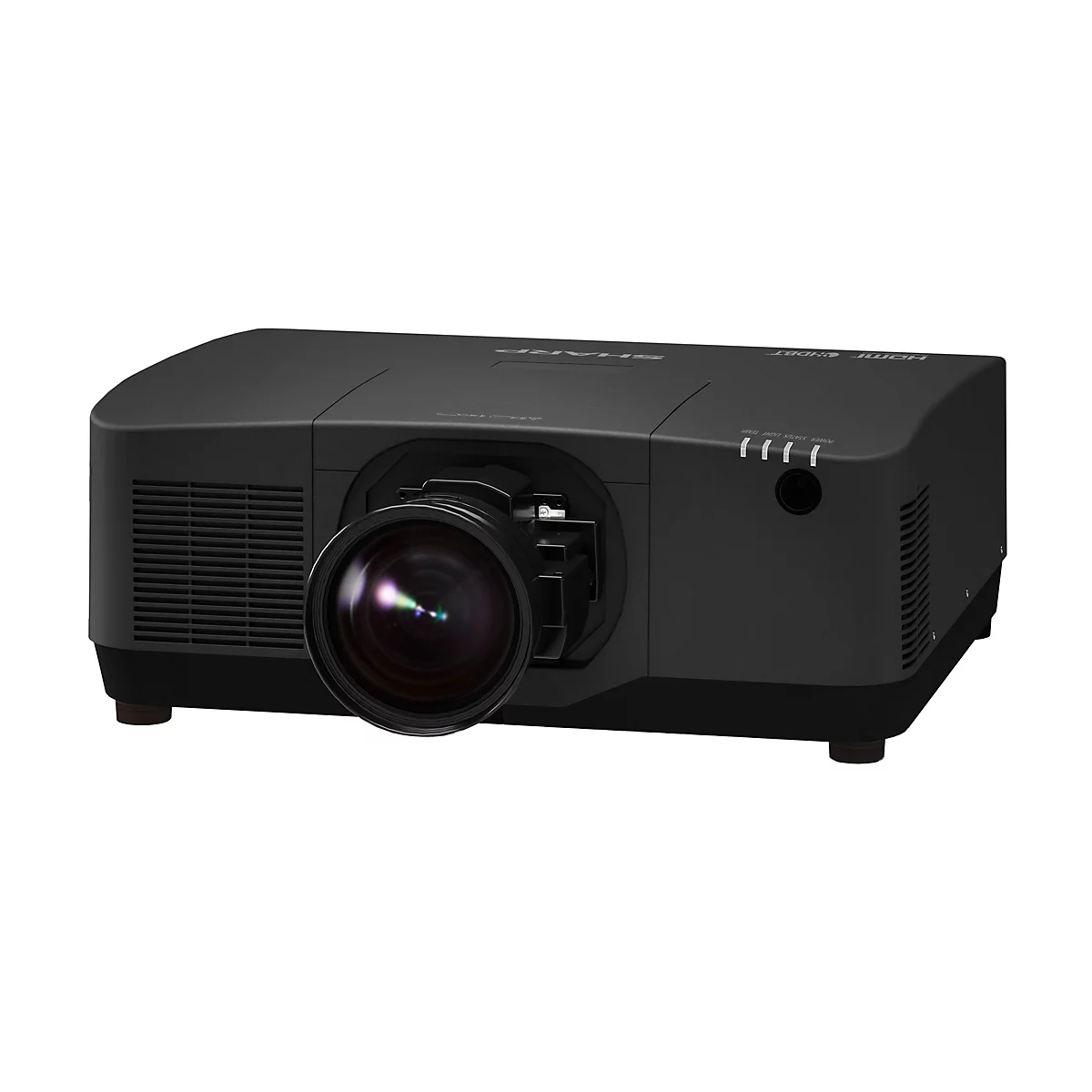 Ein schwarzer Projektor vor weißem Hintergrund. Das Objektiv ist im Vordergrund, der Markenname „SHARP“ ist auf der Oberseite zu sehen.