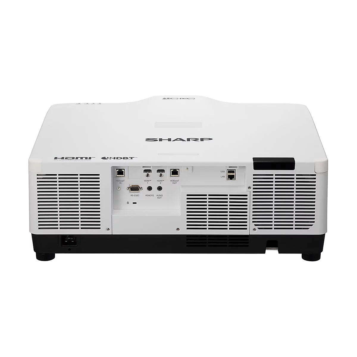 Rückansicht eines weißen SHARP-Projektors mit Anschlüssen für HDMI, HDBaseT, USB und LAN.