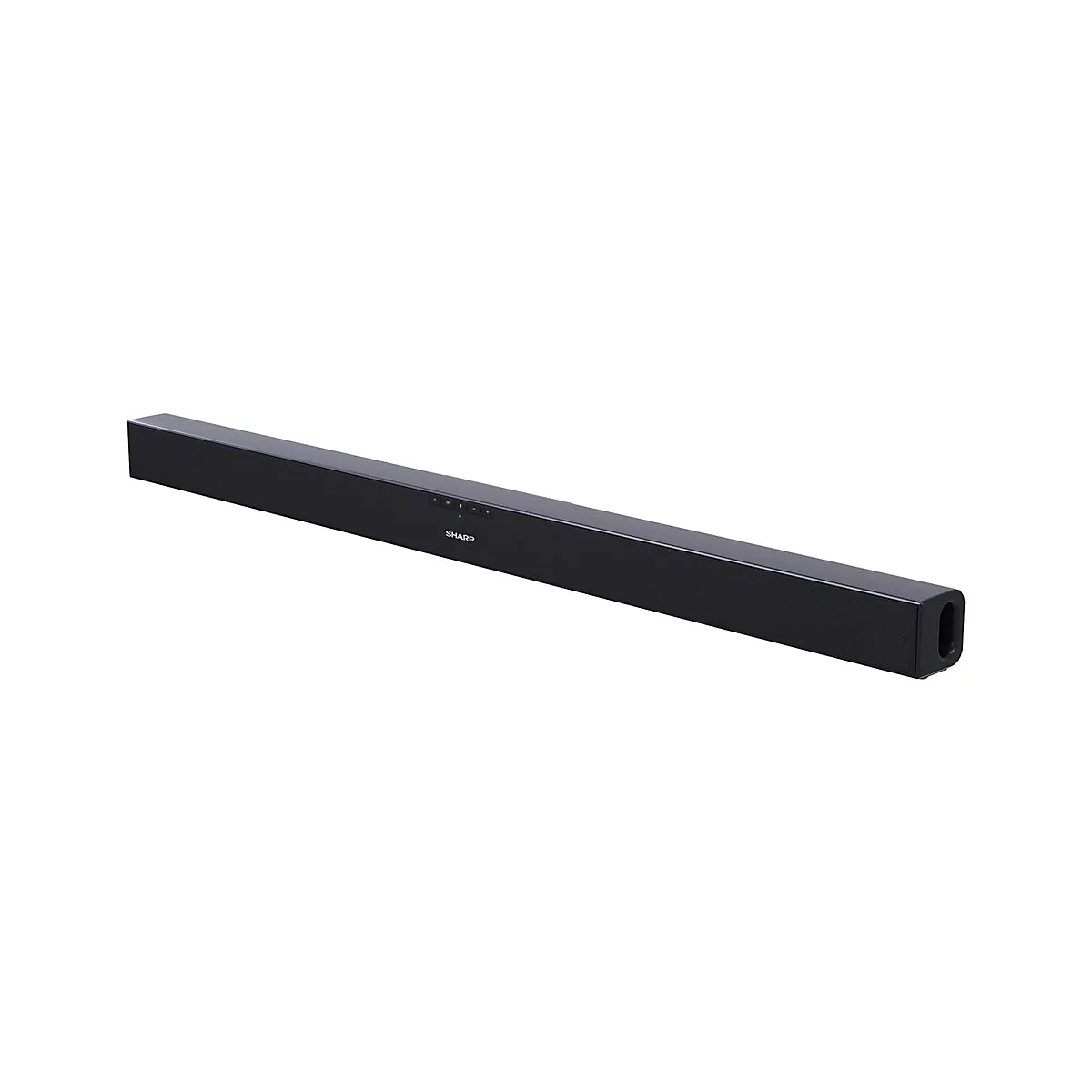 Eine schwarze Soundbar vor weiÃŸem Hintergrund. Auf der Vorderseite befindet sich der Schriftzug SHARP.