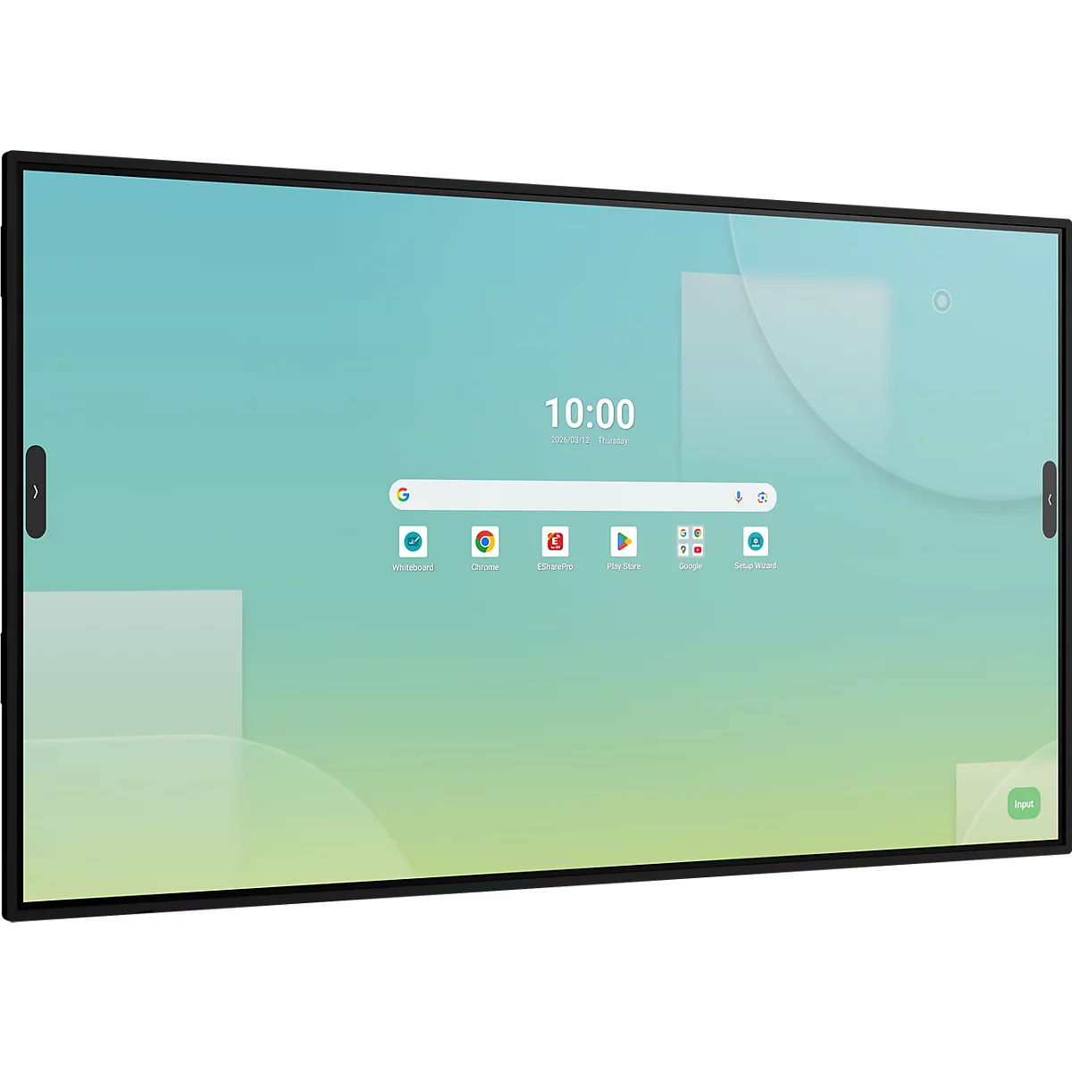 Großer interaktiver Touchscreen mit Android-Startbildschirm vor neutralem Hintergrund.