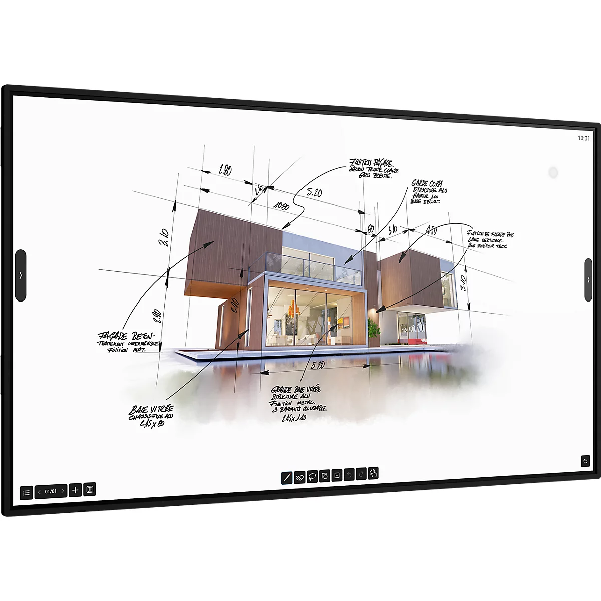 Digitales Whiteboard mit einer architektonischen Skizze eines modernen Wohnhauses samt Bemaßungen.