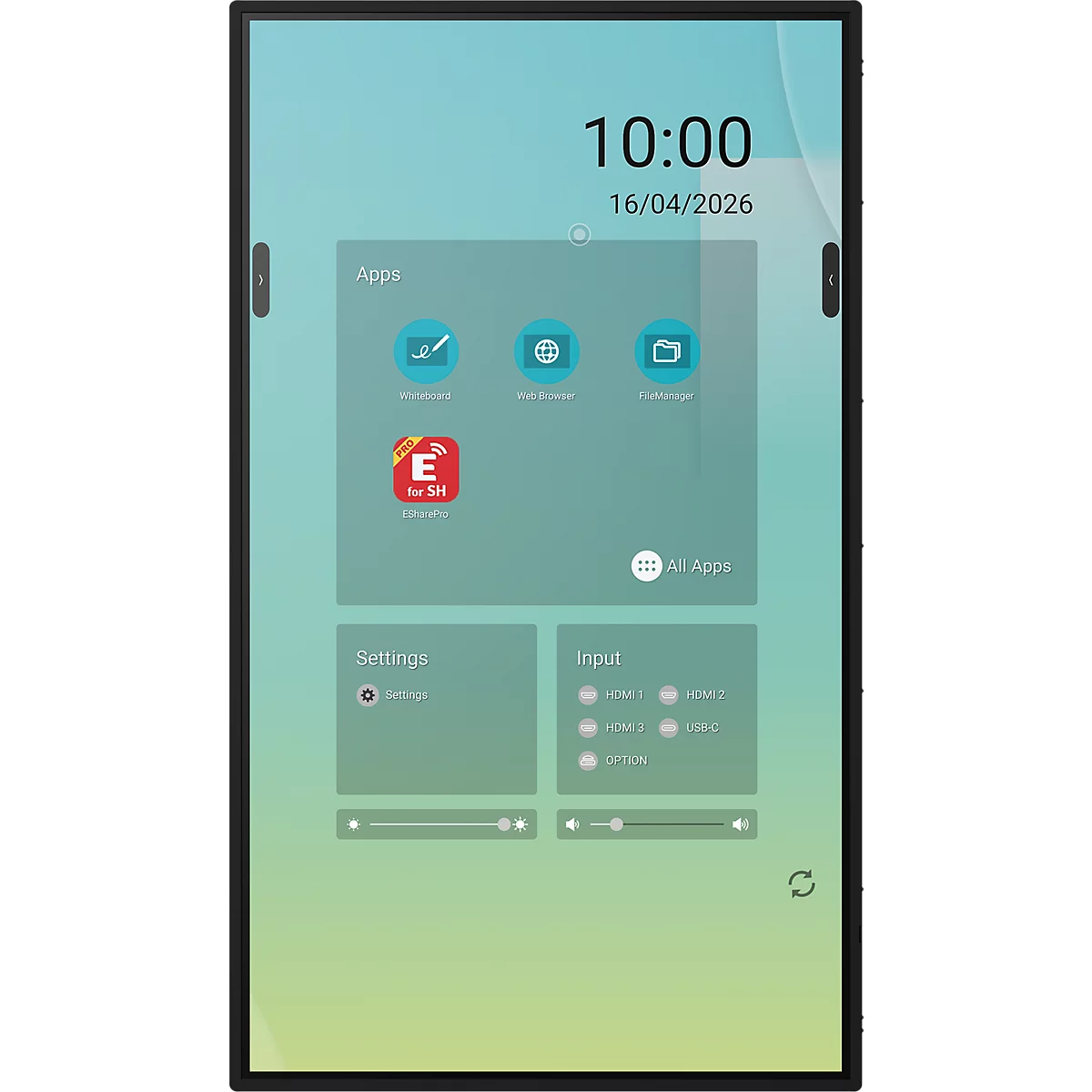 Digitales Display mit Benutzeroberfläche zeigt Uhrzeit, Datum, App-Symbole, Einstellungen und Eingabequellen.
