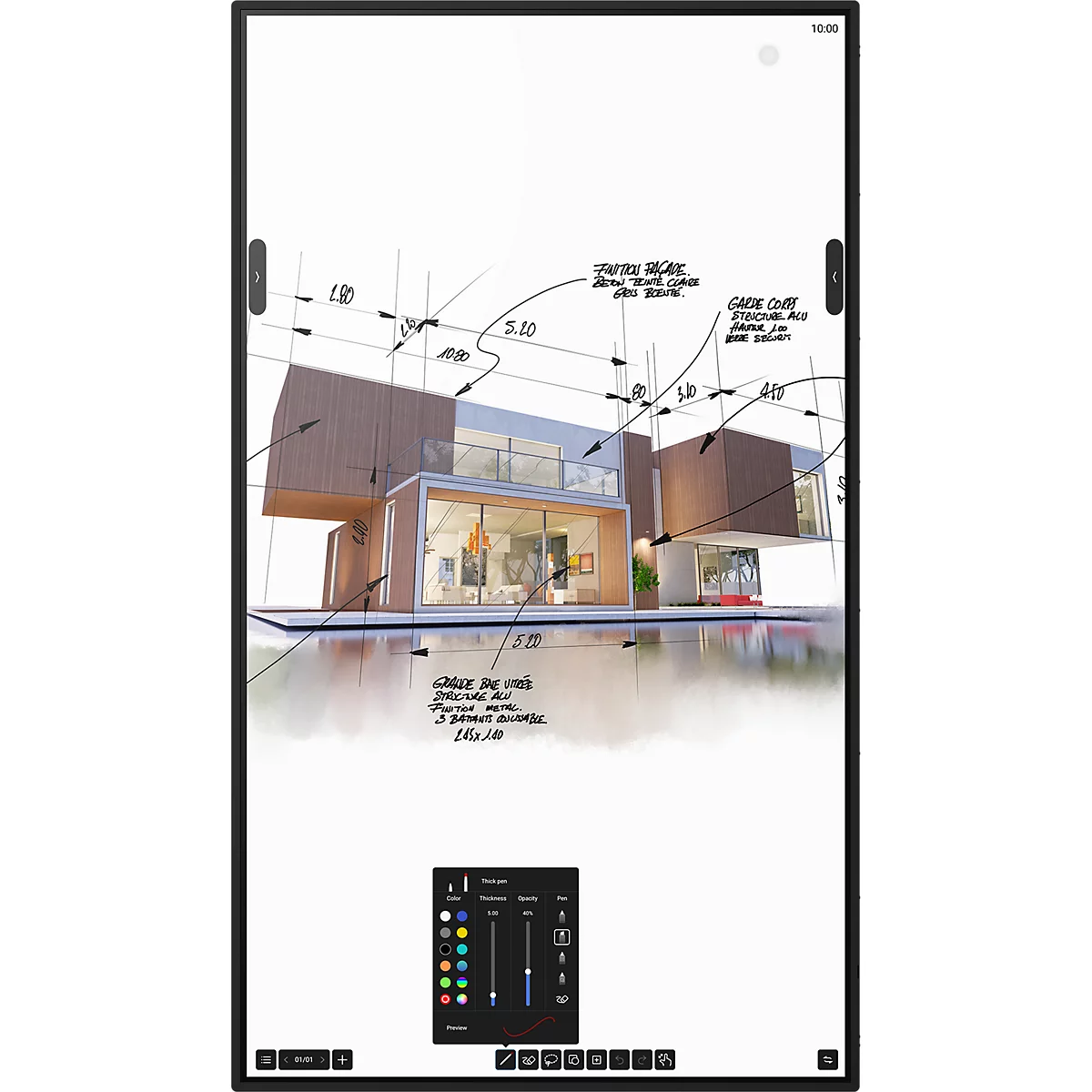 Digitales Whiteboard mit einer architektonischen Skizze eines modernen Hauses und eingeblendetem Farbauswahlmenü.