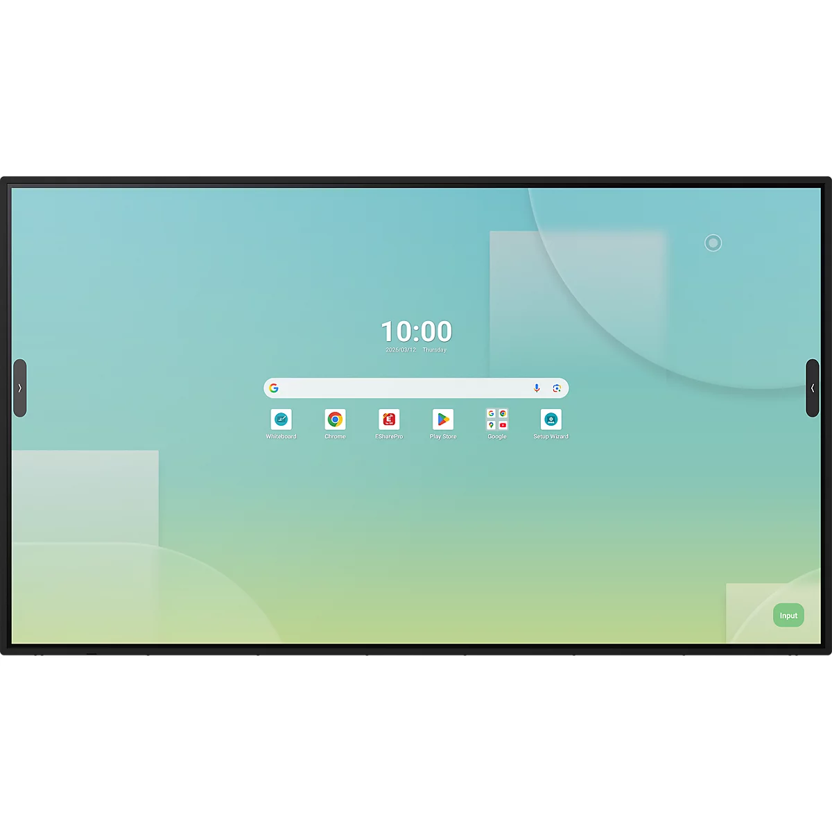 Digitales Smartboard mit mintgrünem Hintergrund, Uhrzeit 10:00 Uhr und App-Symbolen in der Mitte.