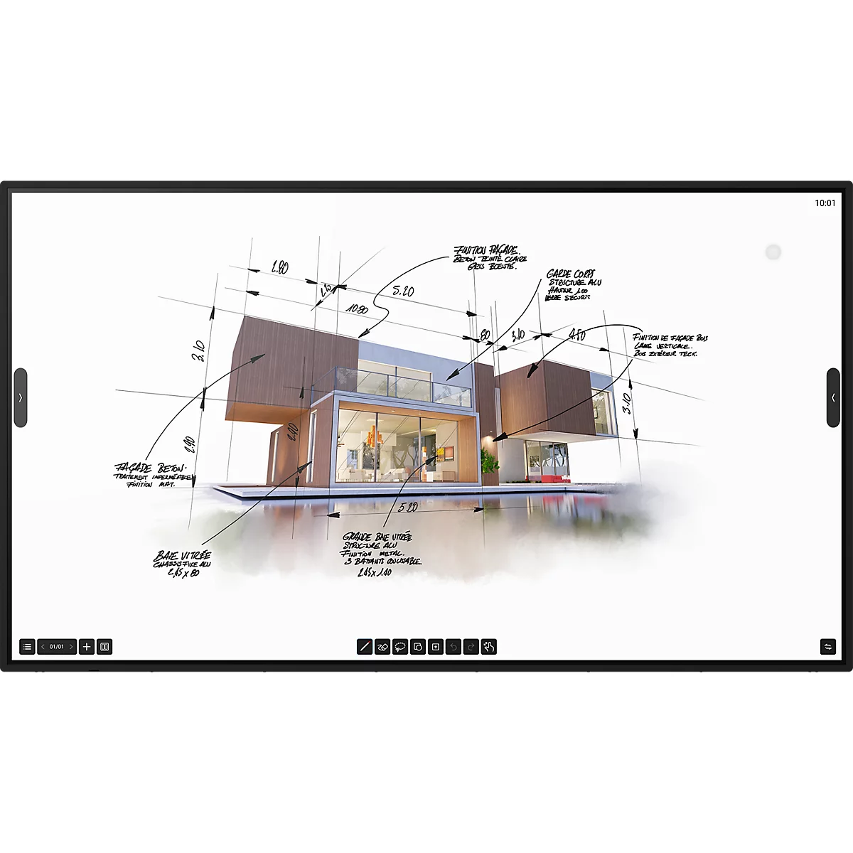 Digitales Display zeigt eine architektonische Skizze eines modernen Hauses mit handschriftlichen Maßen und Notizen.