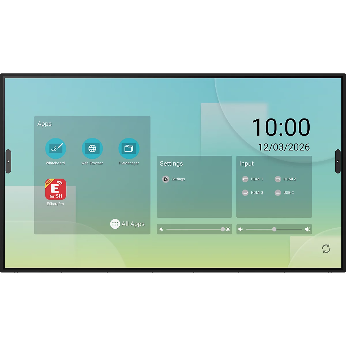 Digitales Display mit einer Benutzeroberfläche für Apps, Einstellungen und Eingängen auf einem mintgrünen Hintergrund.