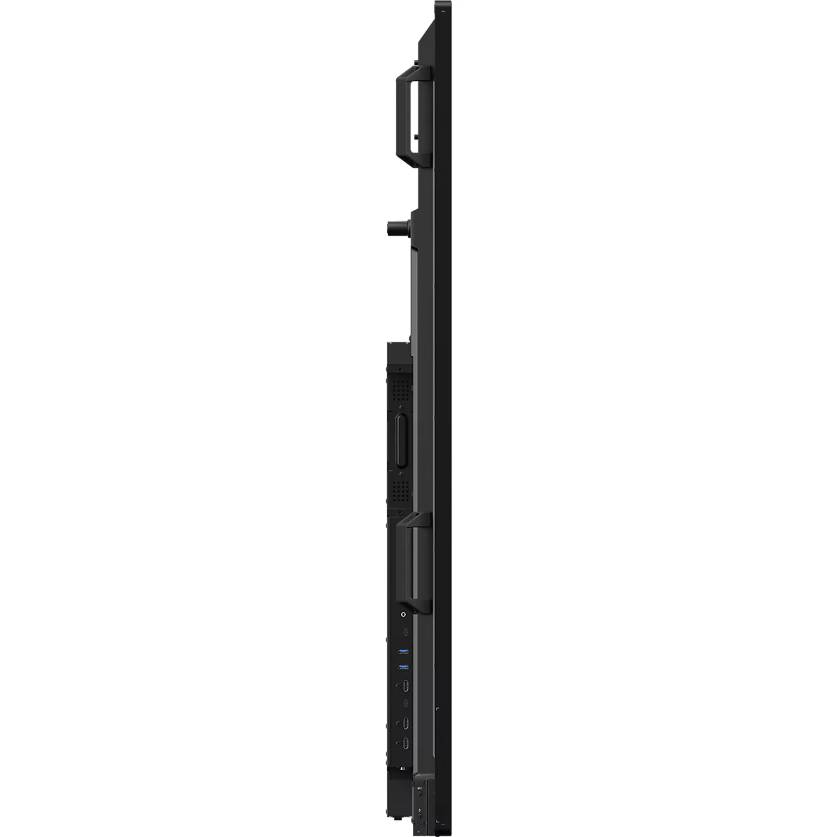 Seitenansicht eines flachen, schwarzen Monitors mit Befestigungsgriffen und Anschlüssen.