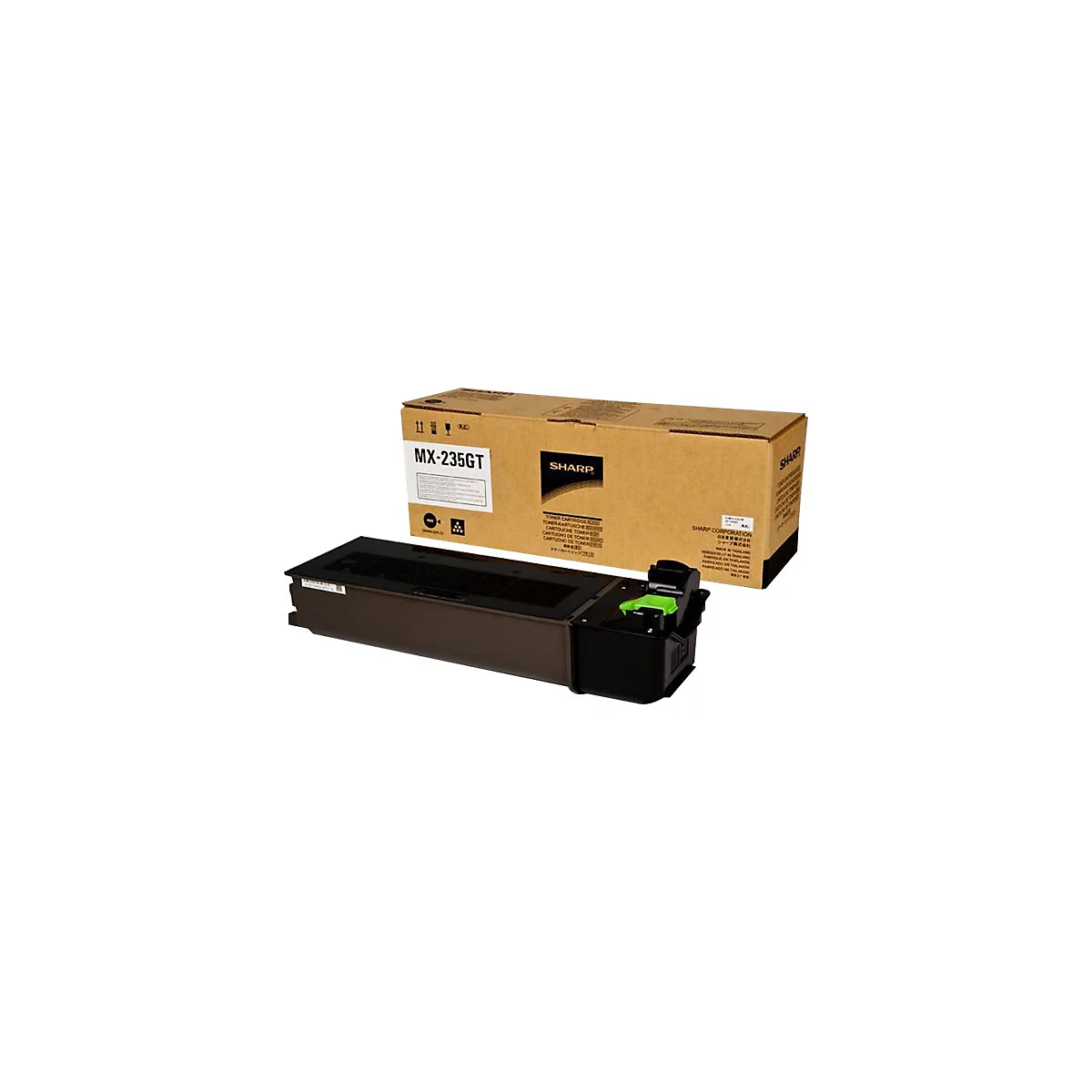 Tonerkartusche MX-235GT von Sharp, braun-schwarz mit grünen Elementen, neben geöffnetem Pappkarton. Aufschrift: Sharp.