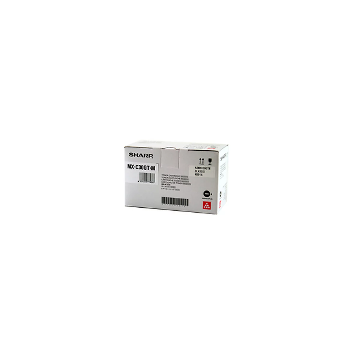 WeiÃŸe Kartonverpackung mit schwarzer Schrift. Aufschrift: SHARP MX-C30GT-M. Aufkleber mit Barcode und weiteren Informationen.