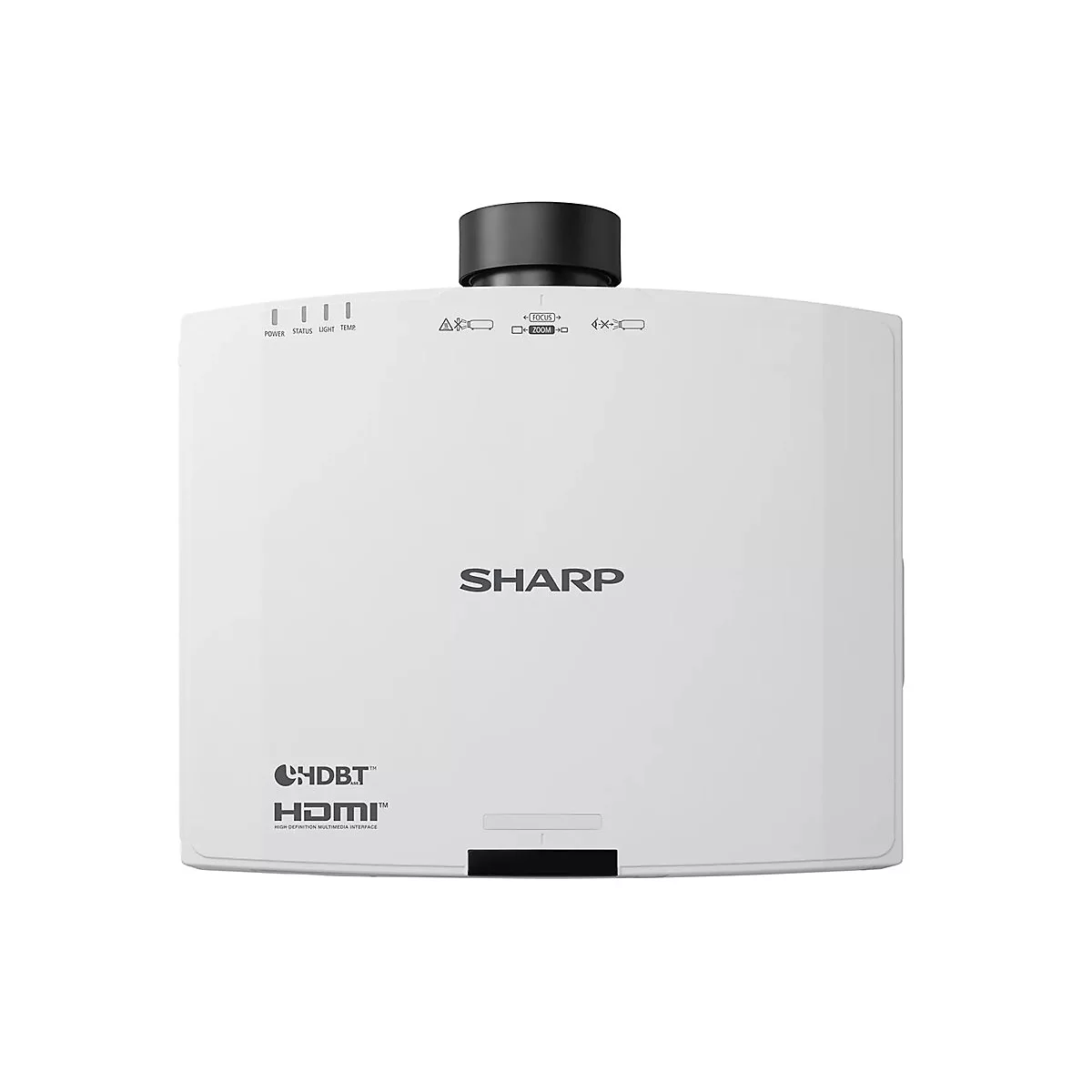 Ein weißer Sharp-Projektor mit schwarzem Objektiv und Bedienfeldern, darunter "POWER" und "HDMI".