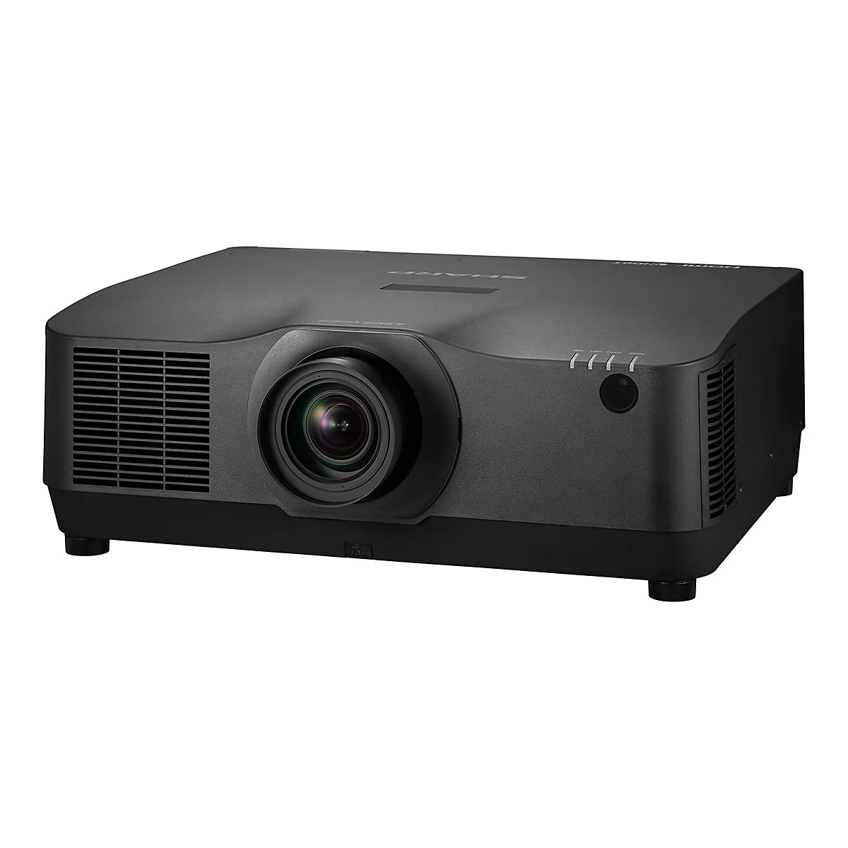 Projecteur noir avec objectif et fentes de ventilation. On peut lire "SHARP."