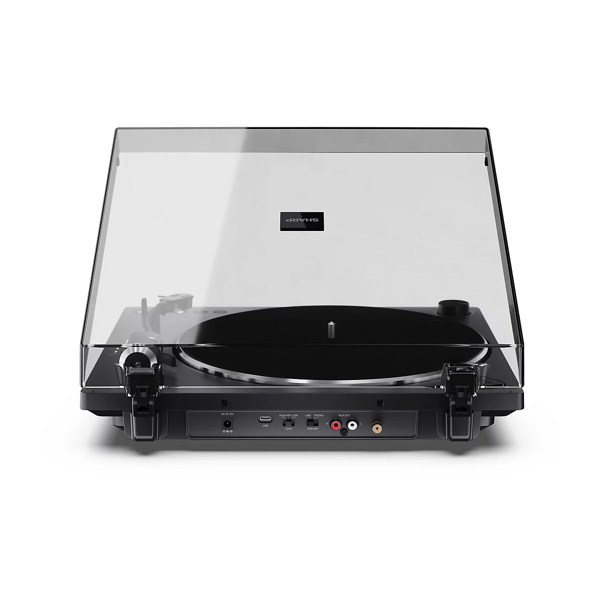 Rückansicht eines schwarzen Sharp Plattenspielers mit Anschlüssen für Strom, USB, Gain, Preamp und RCA-Ausgängen.