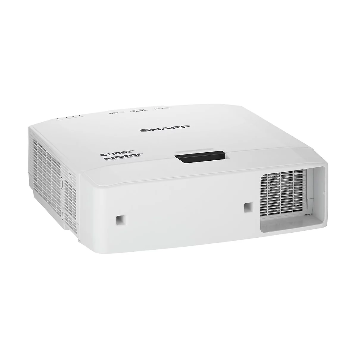 Weißer Projektor mit "SHARP" Logo und HDMI-Aufdruck. Lüftungsschlitze an der Seite.