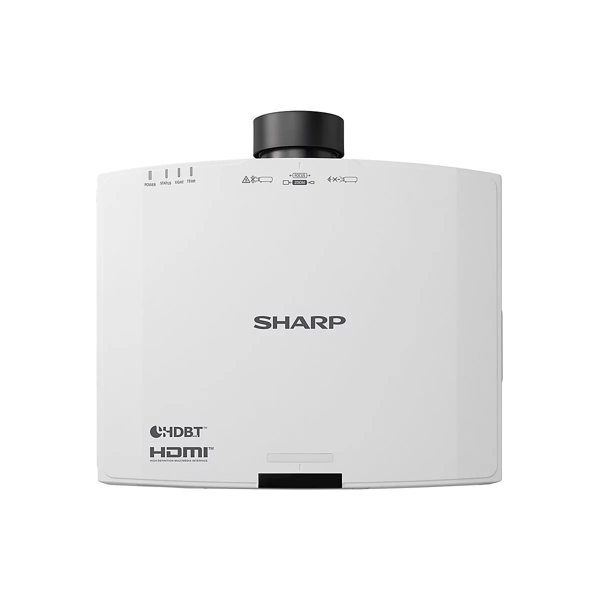 Projecteur blanc avec objectif noir. Haut : Power, Status, Light, Temp. Logo : Sharp, HDMI.