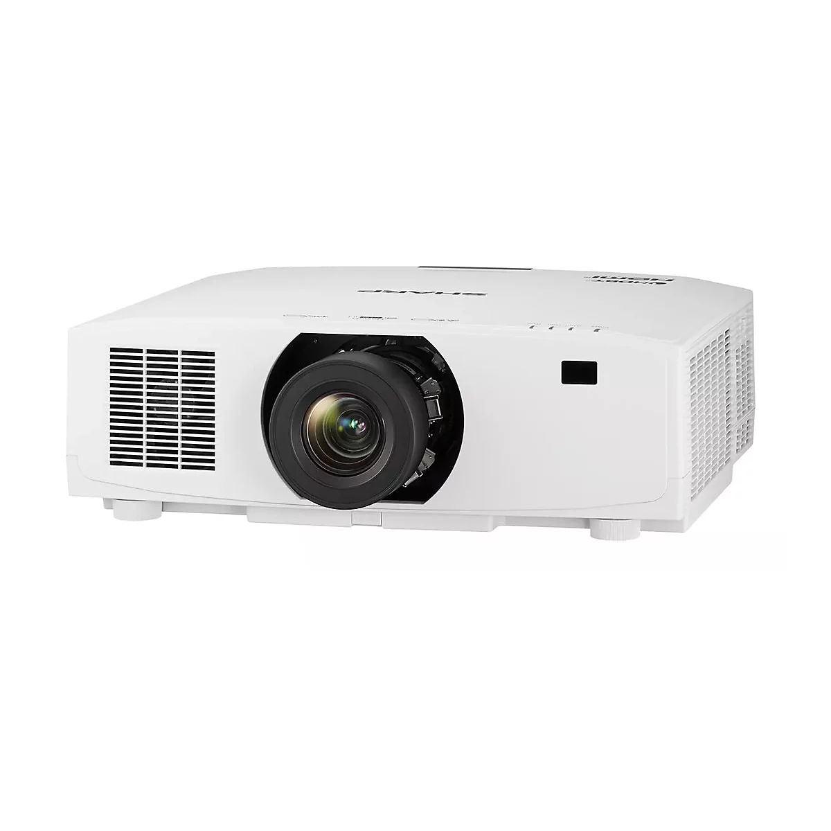 Projecteur blanc avec une grande lentille et des fentes de ventilation. Ports HDMI visibles à droite.