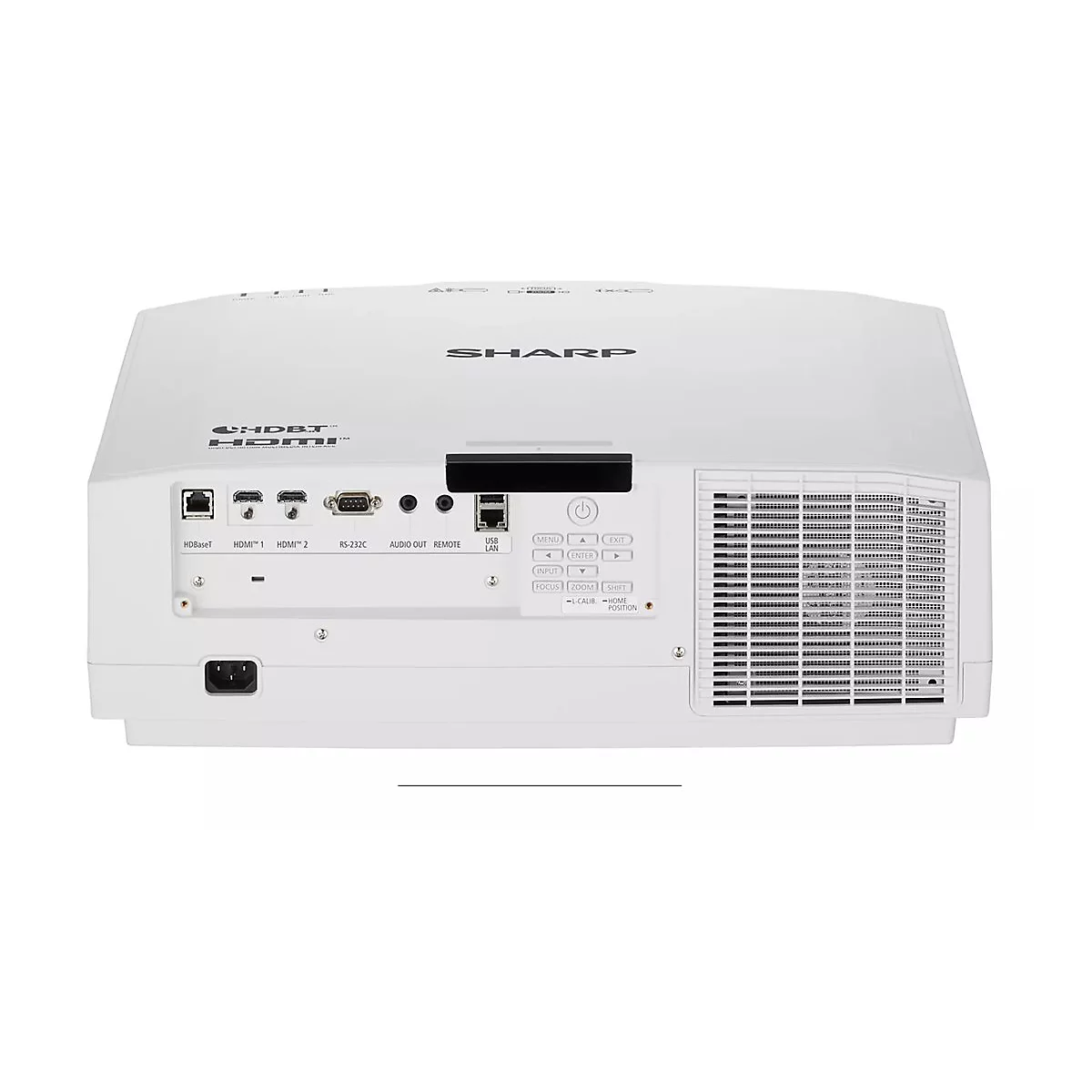 Arrière d'un projecteur SHARP blanc avec ports et fentes de ventilation. L'étiquetage comprend HDMI, HDBaseT, USB et des commandes.