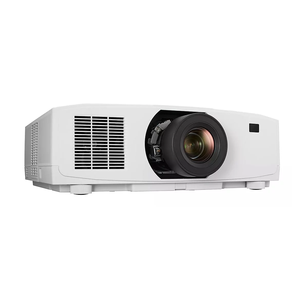 Projecteur blanc, vue de face. Objectif sombre, fentes d'aération et pieds visibles.