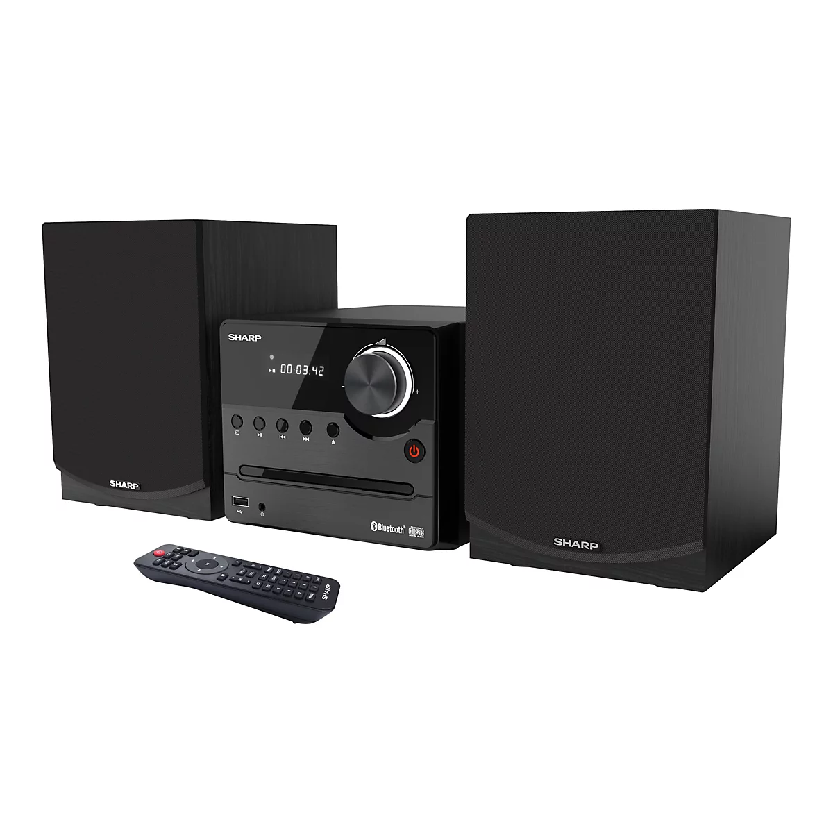 Schwarze Stereoanlage mit zwei Lautsprechern und Fernbedienung. Auf dem Display Zeitangabe, darunter KnÃ¶pfe und CD-Player-Schlitz.
