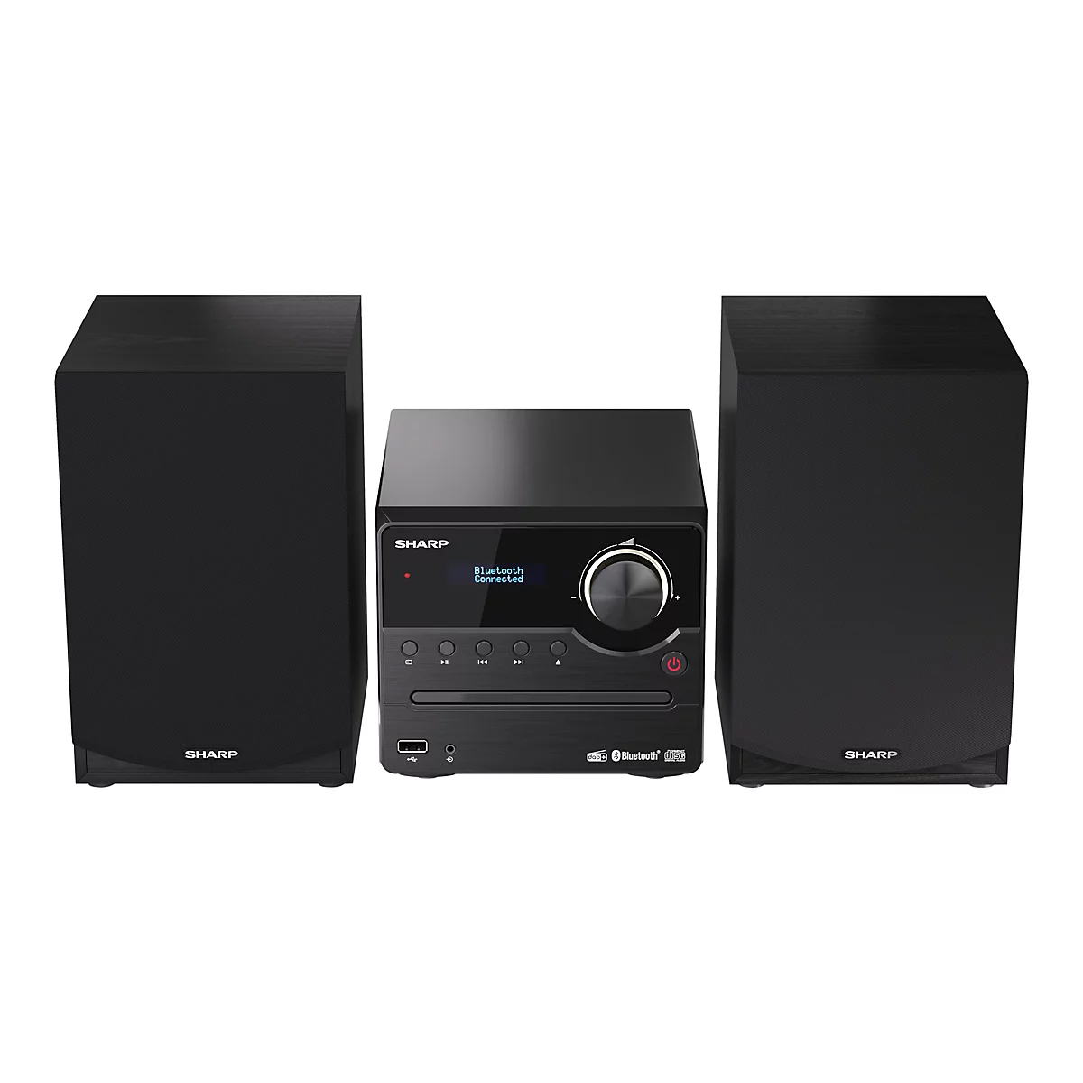 Schwarzes Sharp Audiosystem mit zwei Lautsprechern und zentralem Player, Display zeigt Bluetooth verbunden.