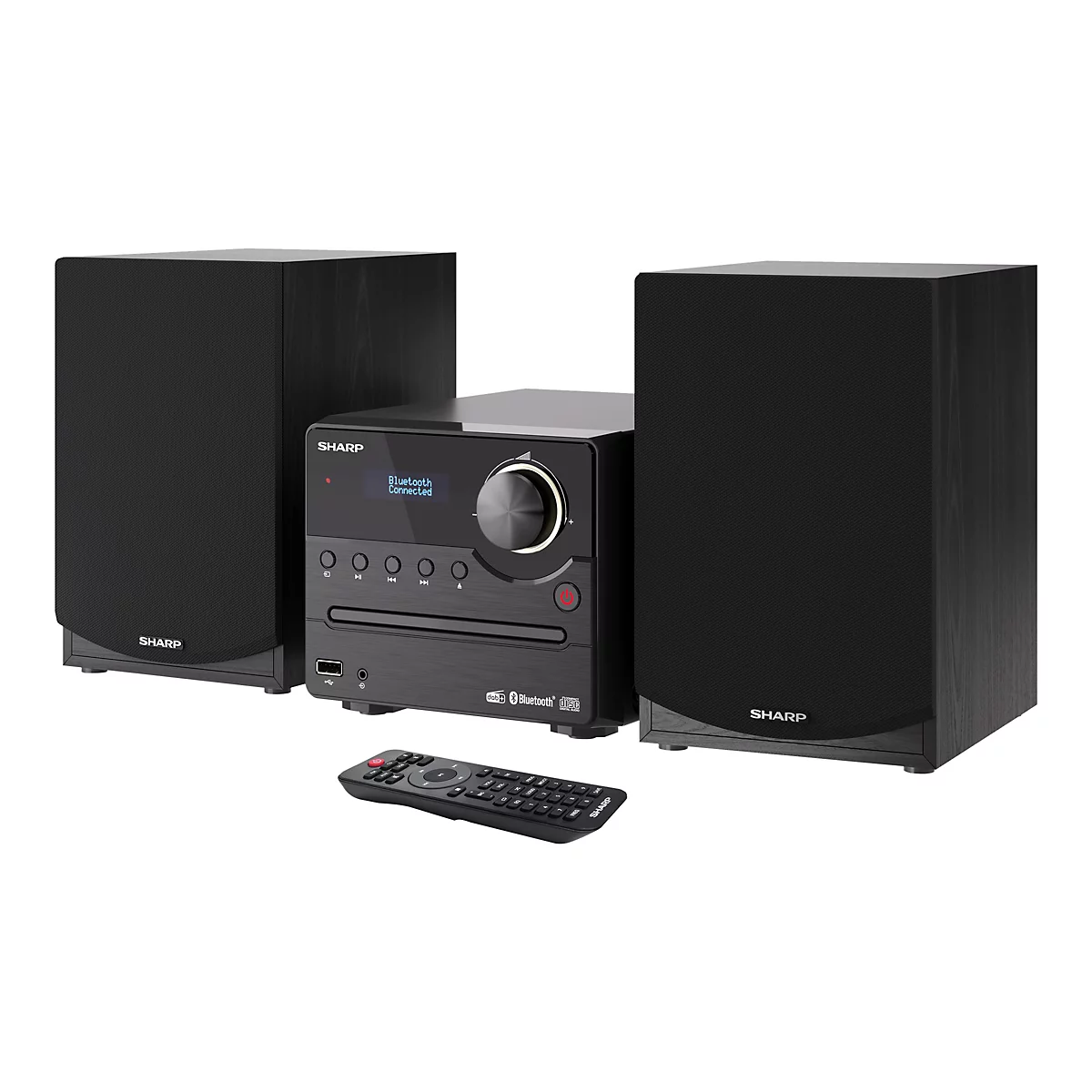 Schwarze Sharp Kompaktanlage mit zwei Lautsprechern, Displayanzeige Bluetooth Connected und Fernbedienung.