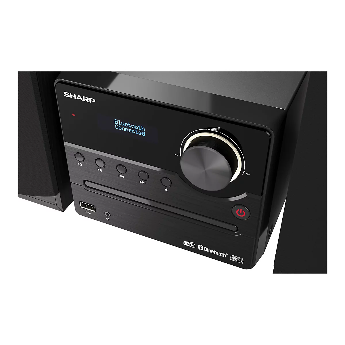 Nahaufnahme der schwarzen Sharp Musikanlage mit beleuchtetem Display, Lautstärkeregler und CD-Laufwerk.