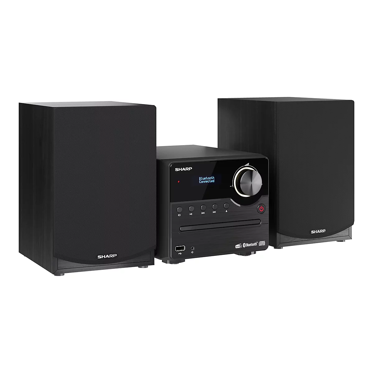 Schwarze Sharp Kompaktanlage mit zwei Lautsprechern und digitalem Display, das Bluetooth-Verbindung anzeigt.