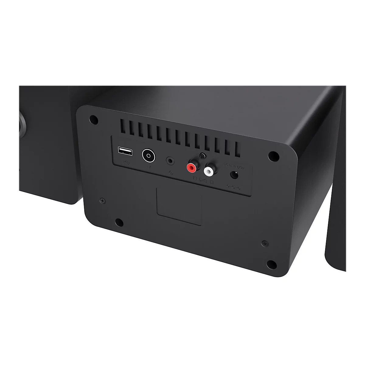 Rückseite eines schwarzen Lautsprechers mit verschiedenen Anschlüssen wie USB, Cinch und Stromeingang.