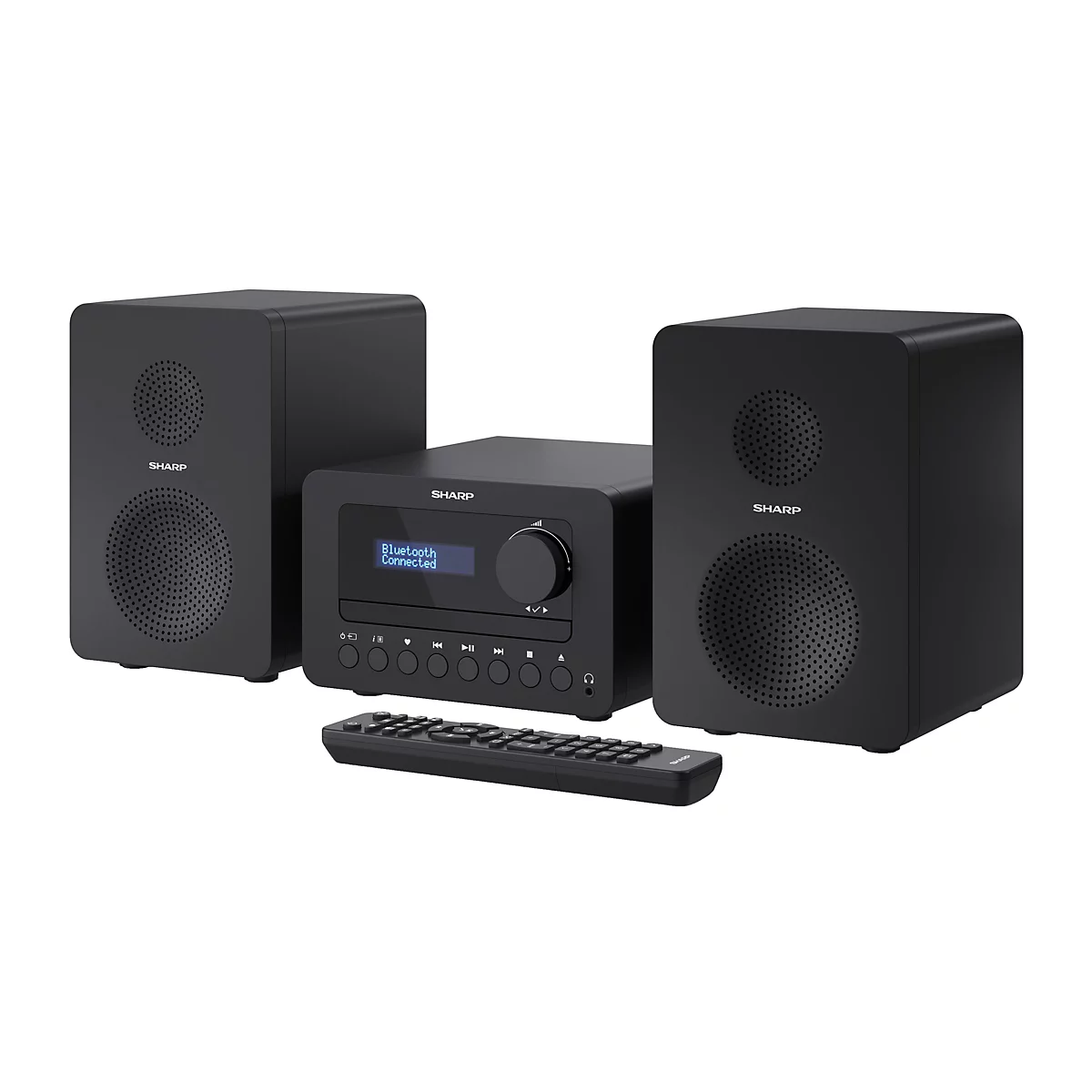 Schwarze Sharp HiFi-Anlage mit zwei Lautsprechern, zentraler Haupteinheit, Displayanzeige Bluetooth Connected und Fernbedienung.