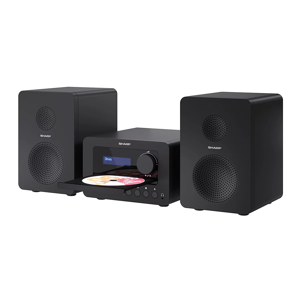 Schwarze Sharp Hi-Fi-Stereoanlage mit zwei Lautsprechern und offenem CD-Fach vor neutralem Hintergrund.